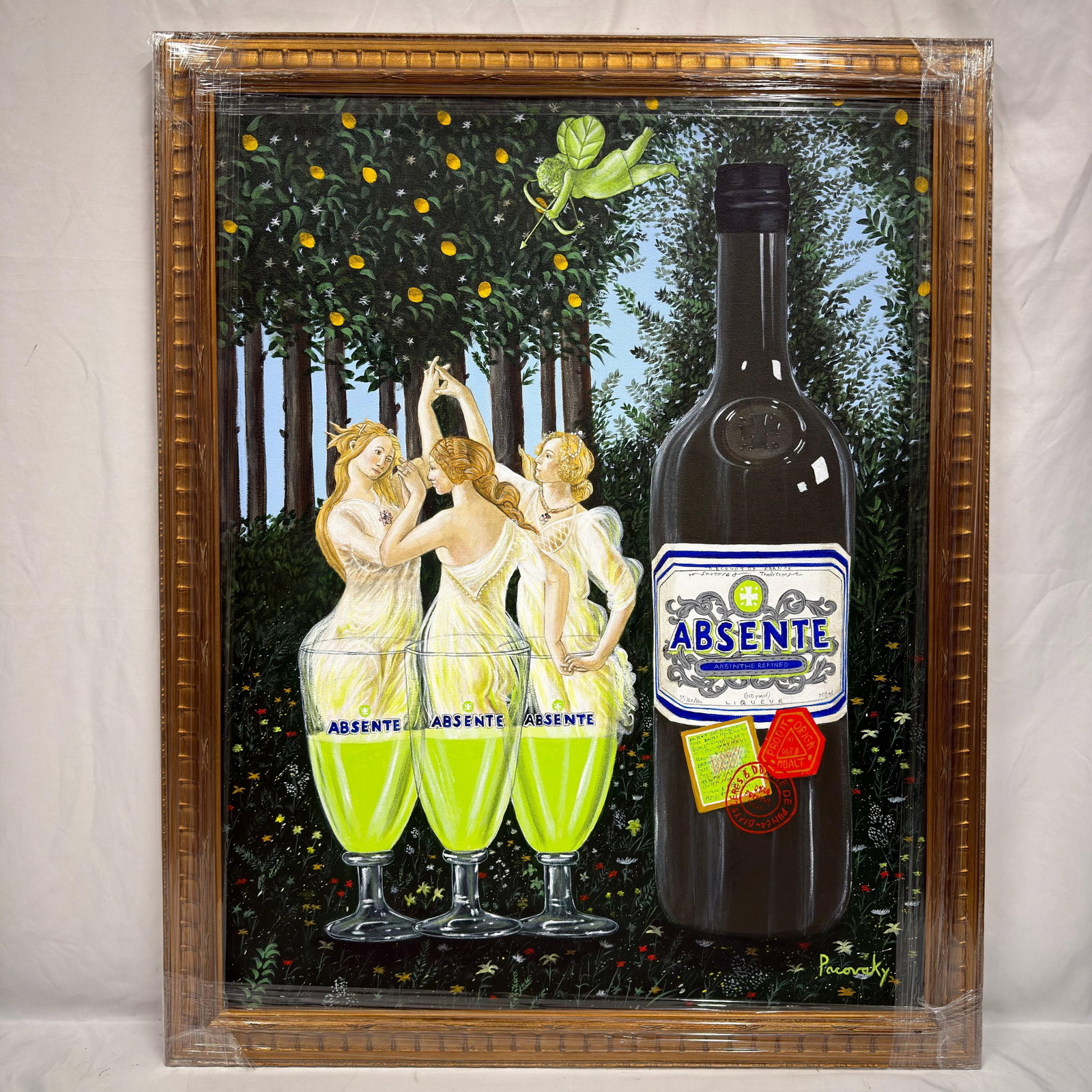 Signed Pacovsky Acrylic on Canvas Absente Homage A Botticelli: Original acrylic on canvas painting signed Pacovsky lower right. Homage to Botticelli. This item is in pre-owned, previously displayed condition with light wear and surface scratches. Please reference