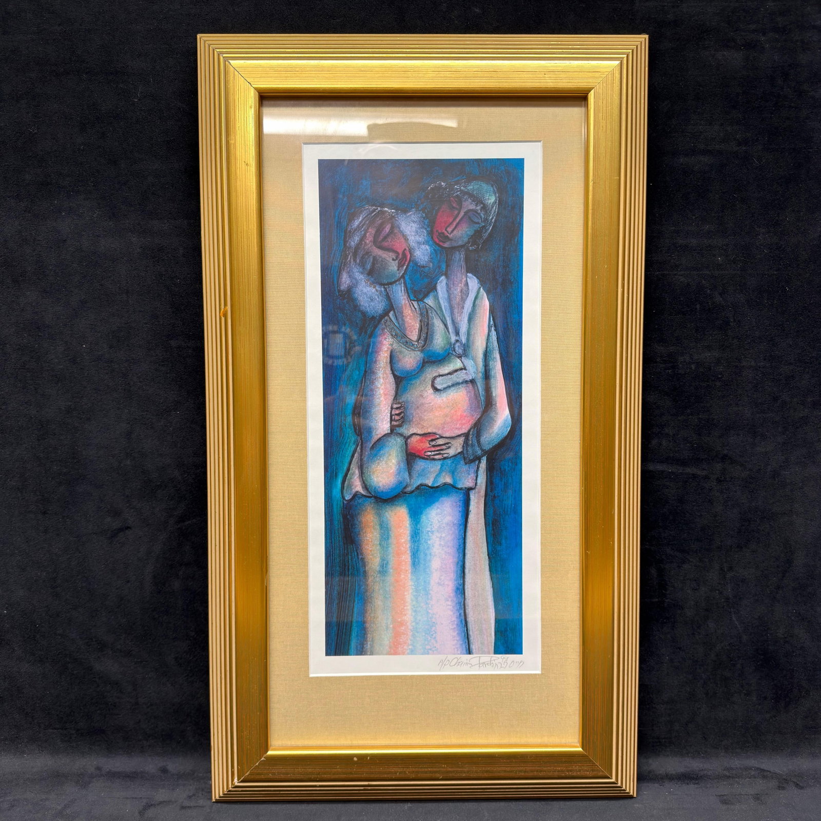 Chaim Parchi Signed AP Colorful Figural Art Print R240: Colorful limited edition print by Israeli artist Chaim Parchi, depicting a lively couple of stylized figures rendered in the artist’s distinctive naive and expressionistic style. Pencil hand-sig