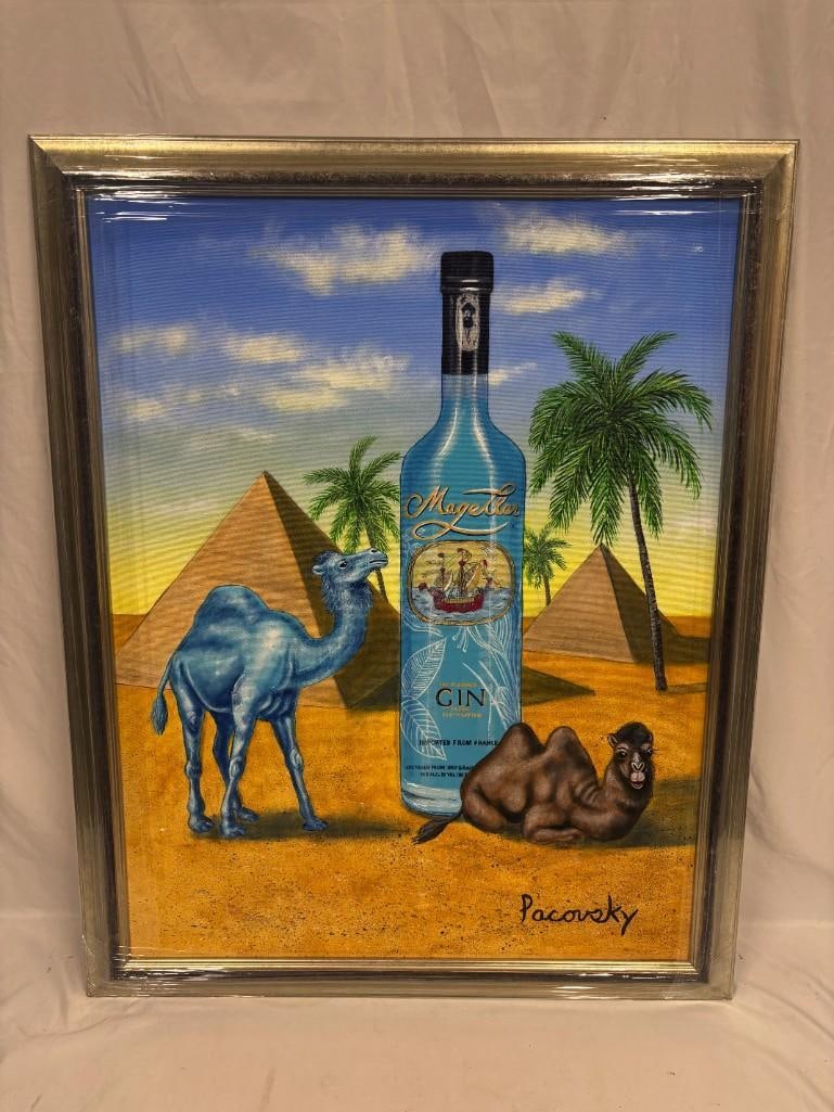 Original Acrylic on Canvas Signed by Pacovsky Magellan Gin Blue Camel: Blue Camel - Magellan Original Acrylic by John Pacovsky. Original acrylic on canvas painting signed by Pacovsky. This item is in pre-owned, previously displayed condition with light wear and surf