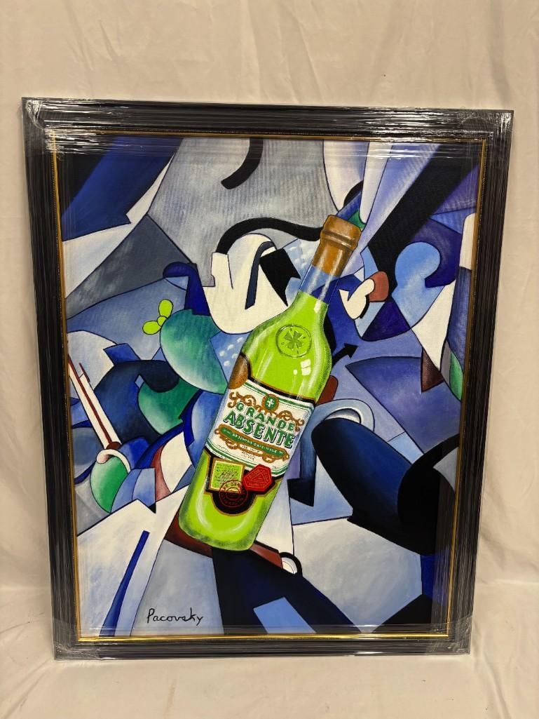 Signed Pacovsky Original Acrylic on Canvas Absente Picaba Inspired Art: Original acrylic on canvas painting, signed Pacovsky. Picaba-inspired Absente Original Acrylic by John Pacovsky. Reimagined with a Grande Absente absinthe bottle. This item is in g