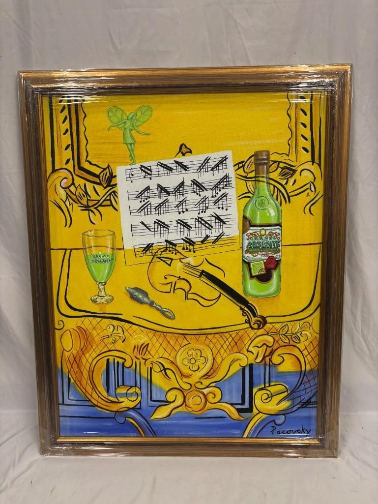 Signed Pacovsky Original Acrylic on Canvas Absente Raoul Dufy Inspired Art Absinthe: Original acrylic on canvas painting, signed Pacovsky. Raoul Dufy-inspired Absente Original Acrylic by John Pacovsky. Reimagined with a Grande Absente absinthe bottle. This item is in good pre-own