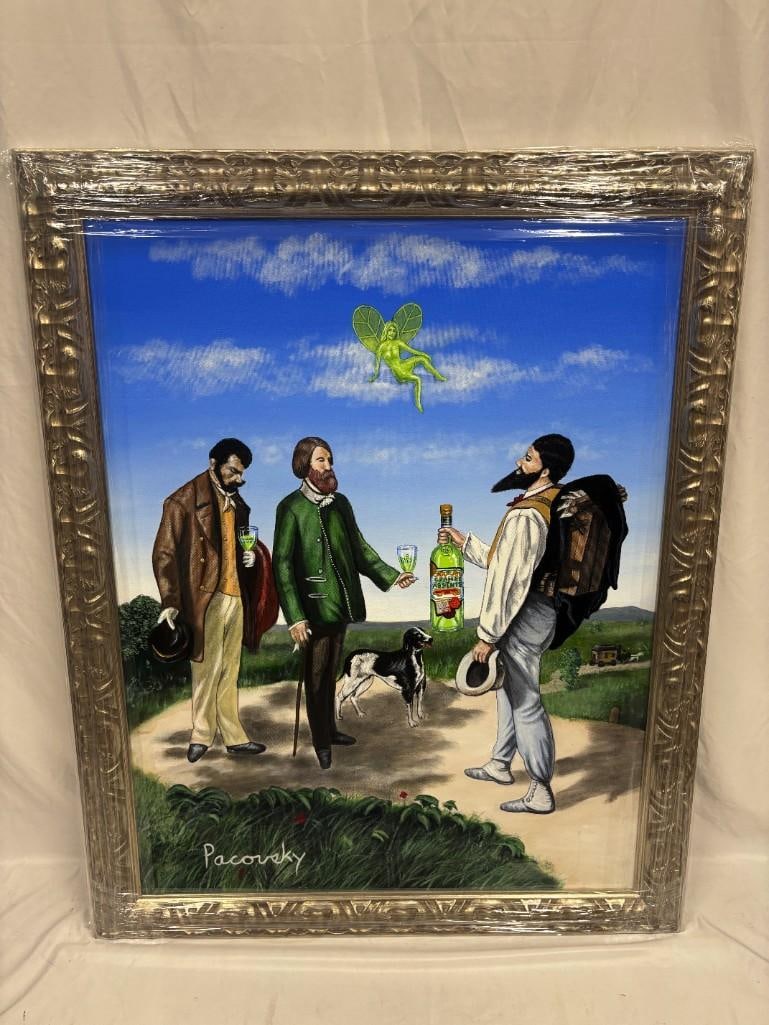 Original Acrylic on Canvas Signed Pacovsky Absente After Courbet Absinthe Art: Original acrylic on canvas painting, signed Pacovsky. Courbet-inspired Absente Original Acrylic by John Pacovsky. Reimagined with a Grande Absente absinthe bottle. This item is in good pre-owned,