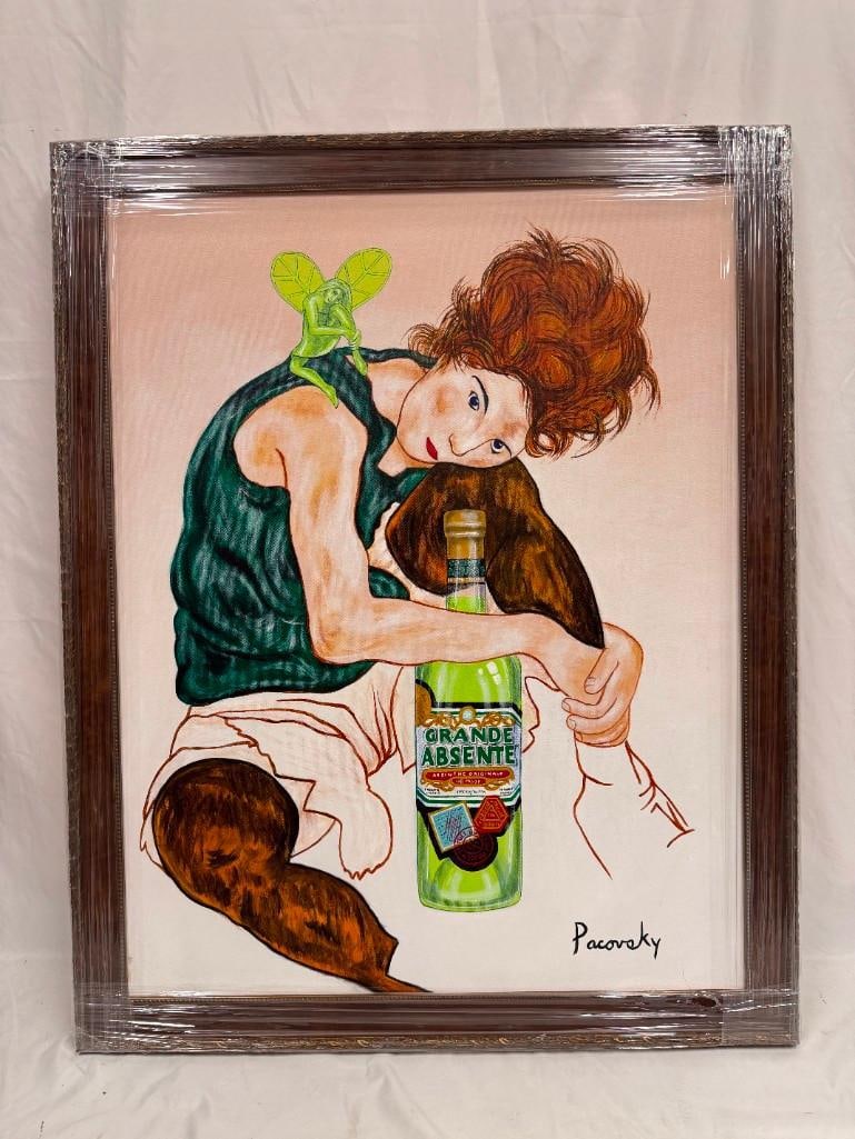 Signed John Pacovsky Acrylic on Canvas Grande Absente Stylized Woman Green Fairy Art: Original acrylic on canvas painting signed Pacovsky lower right. This item is in pre-owned, previously displayed condition with light wear and surface scratches. Please reference all photos for full d
