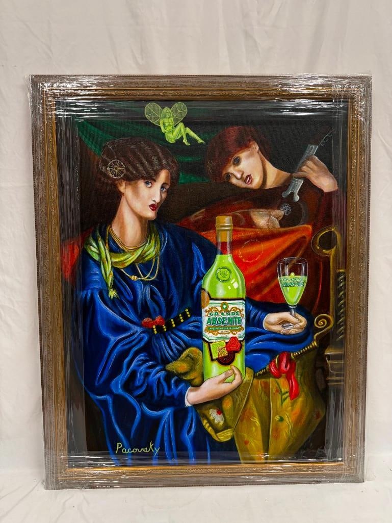 Signed John Pacovsky Acrylic on Canvas Grande Absente Green Fairy Art: Original acrylic on canvas painting signed Pacovsky lower left. This item is in pre-owned, previously displayed condition with light wear and surface scratches. Please reference all photos for full de