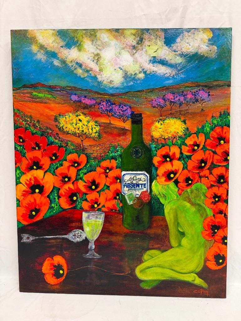 Absinthe Refined Sylvain Copon Signed Original Oil on Canvas Green Fairy: Original Absinthe Refined surreally styled advertising artwork by artist Sylvain Copon. Signed. Original artwork on canvas painting, signed Copon lower right. This item is in pre-owned, previousl