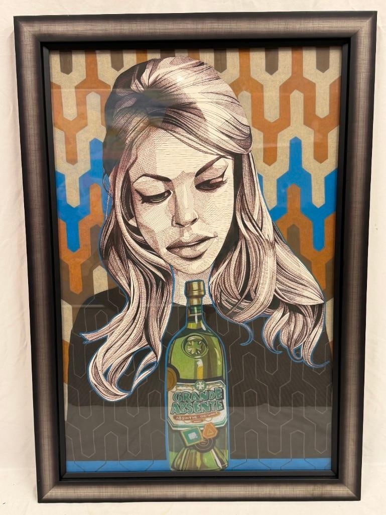 Contemporary Framed Mixed Media Woman Portrait with Grande Absente Bottle: Contemporary mixed media style portrait featuring a monochromatic female figure set against a geometric patterned background with a prominently depicted Grande Absente bottle. This item is in pre-owne