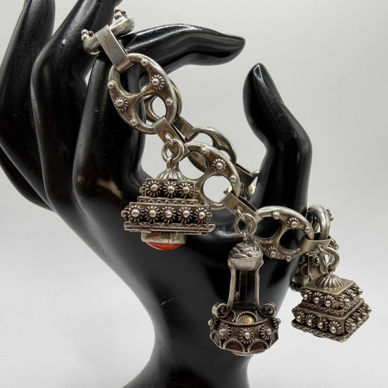 Sterling Silver Gemstone Charms on 800 Silver Flower Motif Bracelet ER39: This item is in pre-owned, previously used/displayed condition with noticeable light wear and surface scratches. Please reference all photos for full details. This piece of jewelry has been carefully 