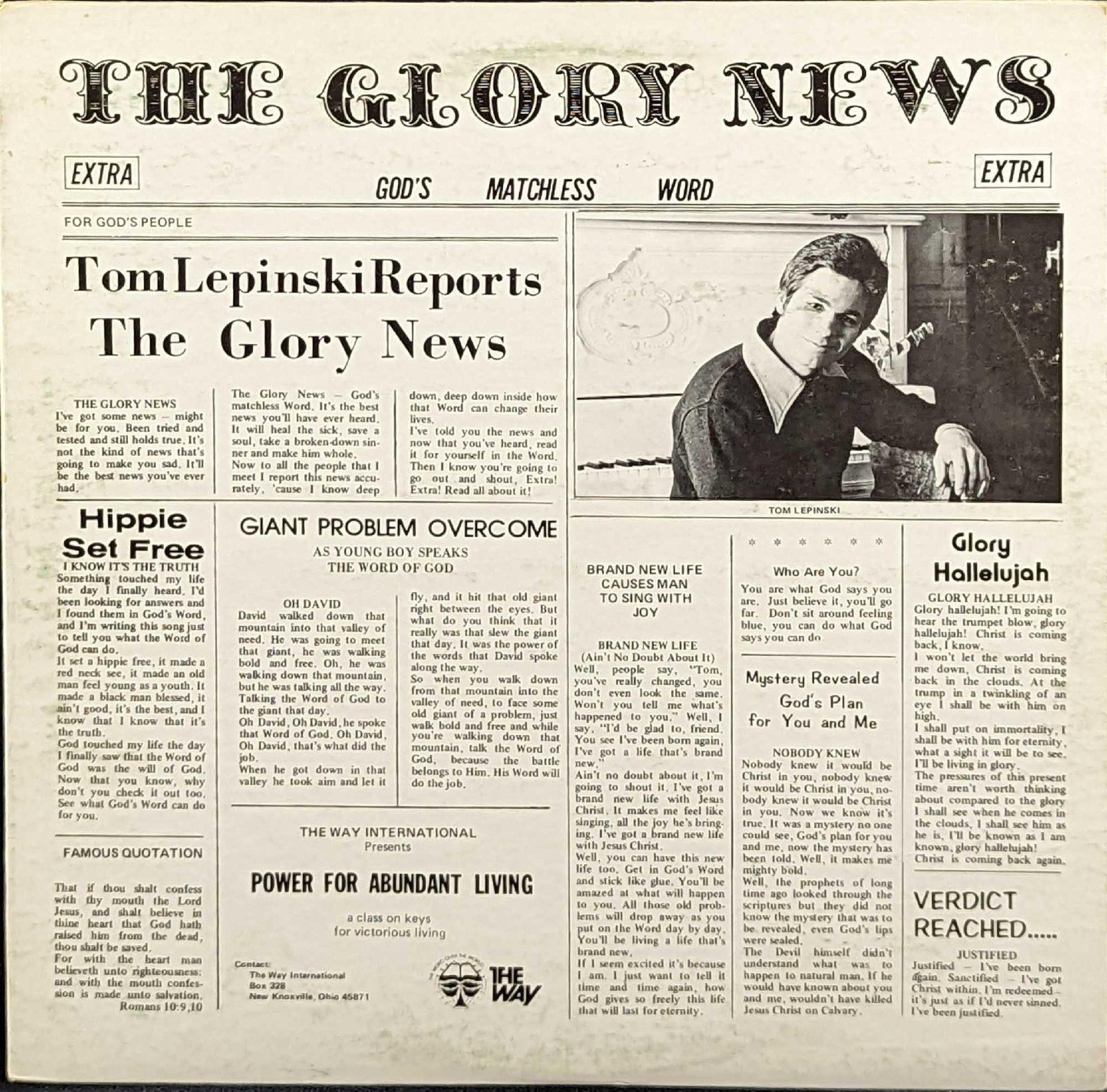 Tom Lepinski – The Glory News LP: Tom Lepinski – The Glory News. This was released by W.O.W. Records & Tapes in 1976. The LP is approx 12 3/8" x 12 1/4" and it weighs 0.56lb. The jacket has some shelf-wear and the record is