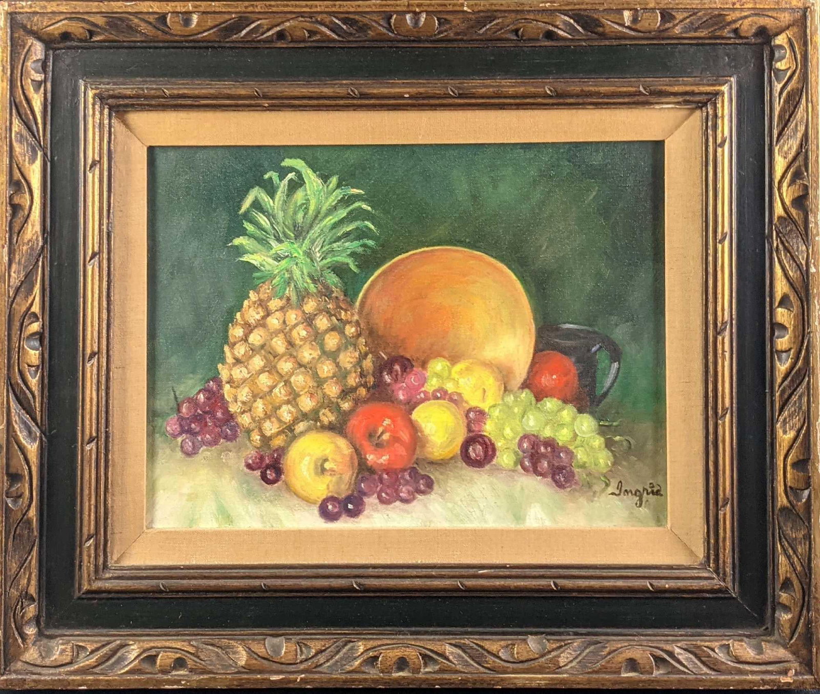 Original Framed Acrylic On Panel Colorful Fruit Pile: Here is an original framed acrylic on panel of some colorful fruit. The artist (Ingrid) signed the bottom right. The framed original is approx 24" x 1 1/2" x 20" and it weighs 5.5lbs. The