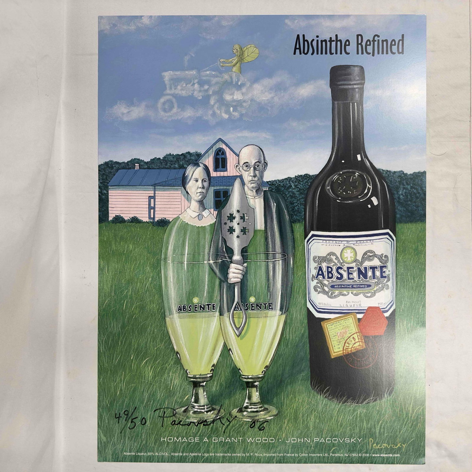 Absinthe Ad Poster Homage A Grant Wood By John Pacovsky Hand Signed Numbered: Absinthe Ad Poster Homage A Grant Wood By John Pacovsky Hand Signed Numbered. This lot includes one hand signed and numbered poster by John Pacovsky. A few creases and wear noticed on the edges. 