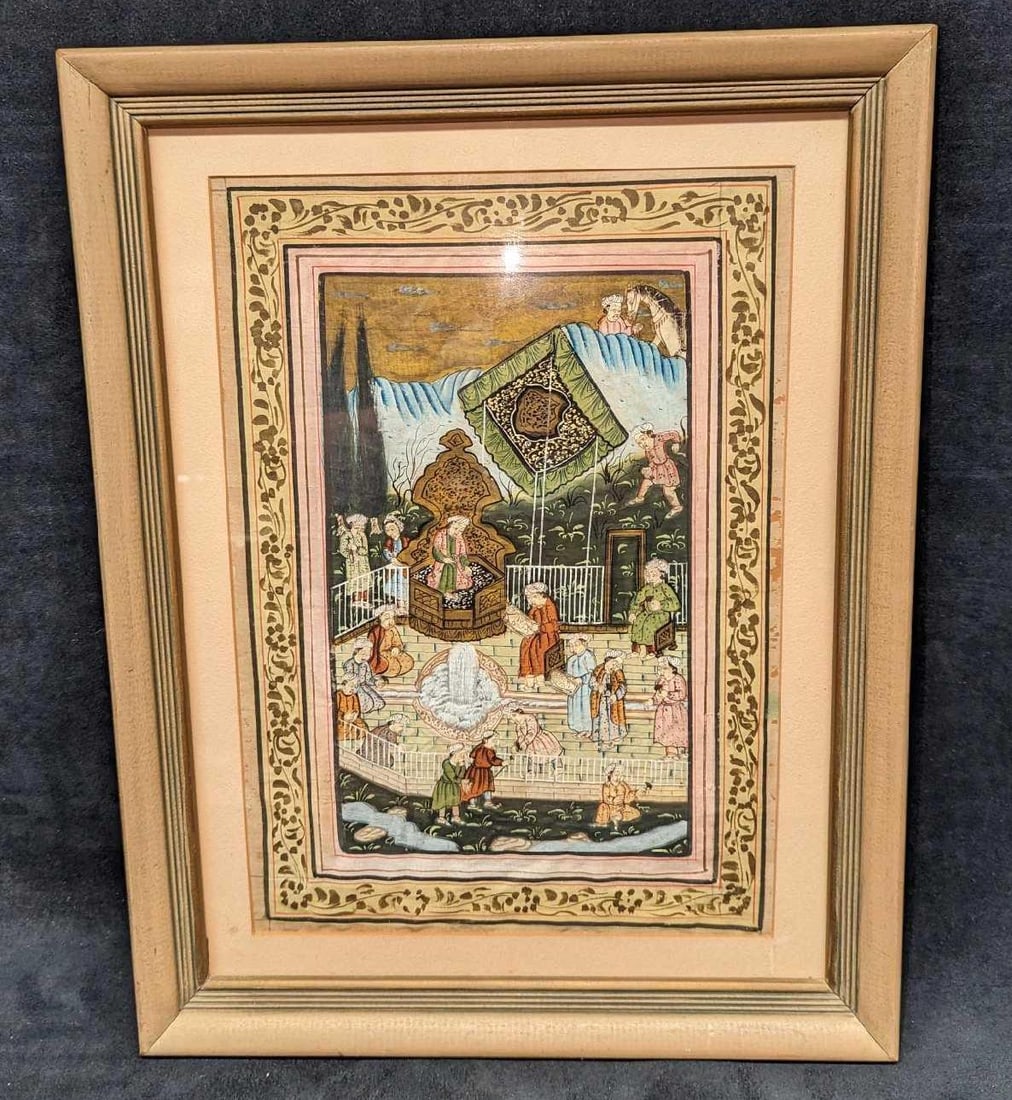 Vintage Persian Style Oil Painting On Silk: Vintage Persian Style Oil Painting On Silk. This is approx 14" x 1" x 18" and it weighs 2.45lbs. There are some noticeable holes on the edges of the silk and some wear on the frame.
