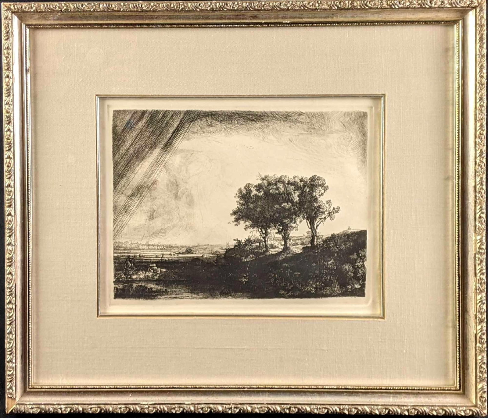 Framed Etching of The Three Trees by Rembrandt: Framed Etching of The Three Trees by Rembrandt This is a high-quality reproduction etching of The Three Trees by Rembrandt. This is framed and in good condition with slight buckling and wear on t