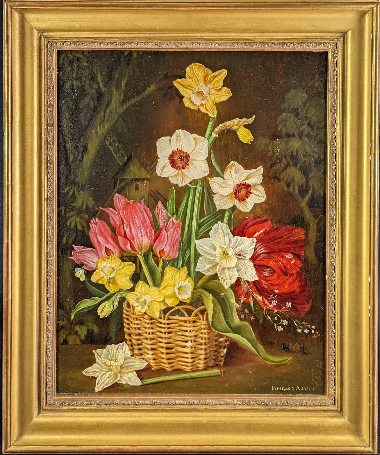 Framed Original Irmgard Arvin Still Life With Flowers: Original oil on panel by Irmgard Arvin. The framed original is approx 21" x 2" x 25" and it weighs 6.5lbs. The original itself is approx 15" x 19 1/2". The original is in a good, used condition w