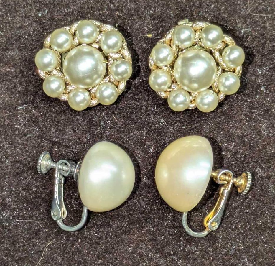 2 Sets Of Vintage Faux Pearl Earrings: 2 Sets Of Vintage Faux Pearl Earrings. The clip-ons are approx 3/4" x 5/8" x 3/4" and appear to say "Japan" on the back. There is also some wear/tarnish on the back. The screw-back half-pearl is