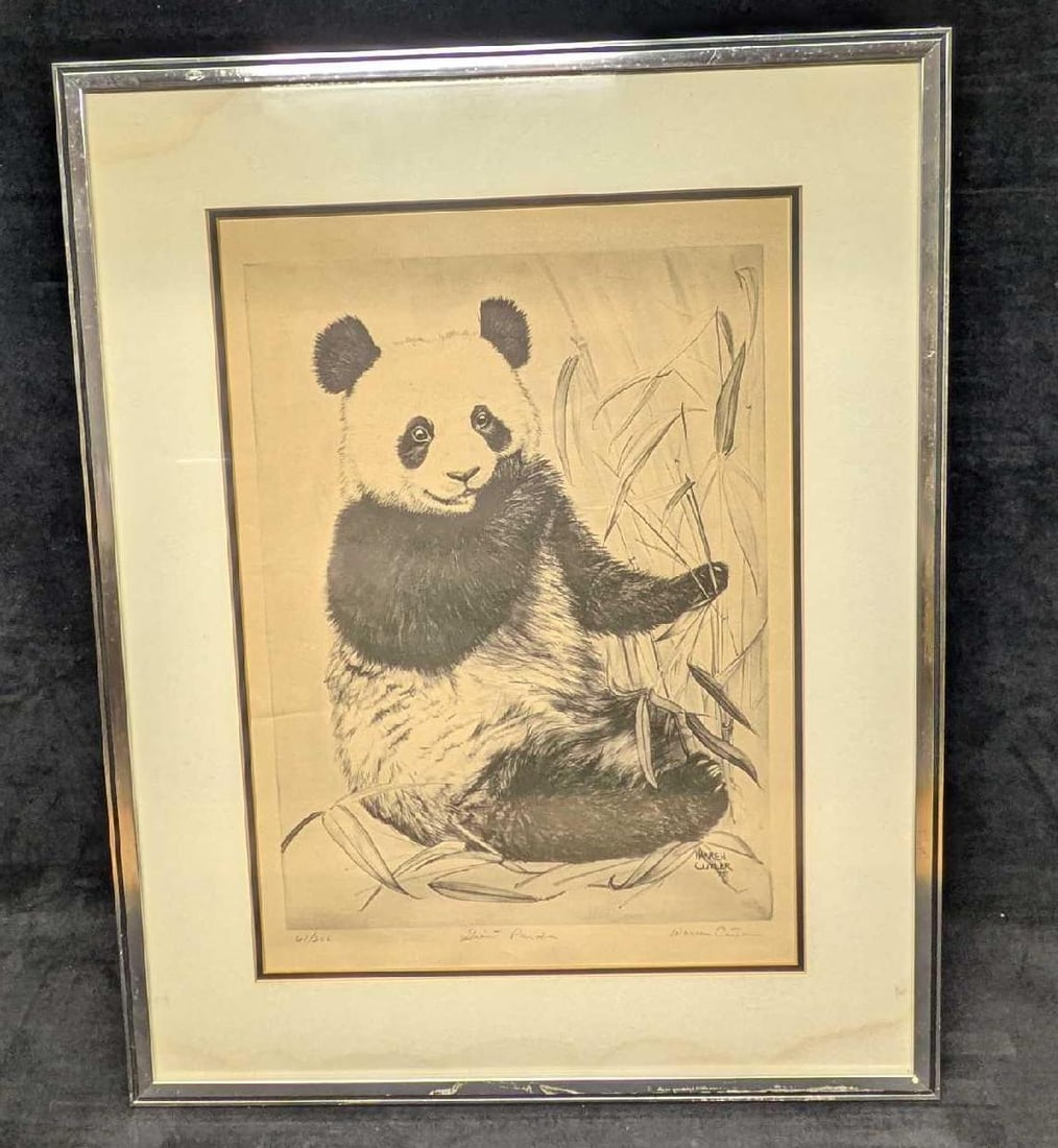 Framed S&N Warren Cutler Giant Panda Print R72: Framed S&N Warren Cutler Giant Panda Print R72. This is approx 20" x 3/4" x 25 1/2" and it weighs 7.20lb. The print is discolored and there is some damp-staining on the border. The frame has markings 