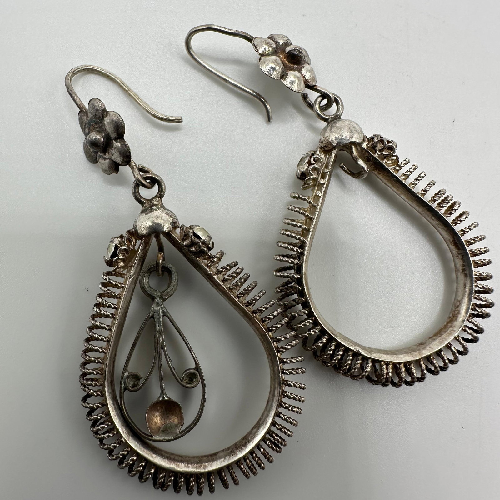 Ethnic Tribal Style Craftmanship Silverwork CZ Floral Earrings: This item is in good pre-owned, previously used/displayed condition with noticeable light wear and surface scratches. Please reference all photos for full details. This piece of jewelry has been