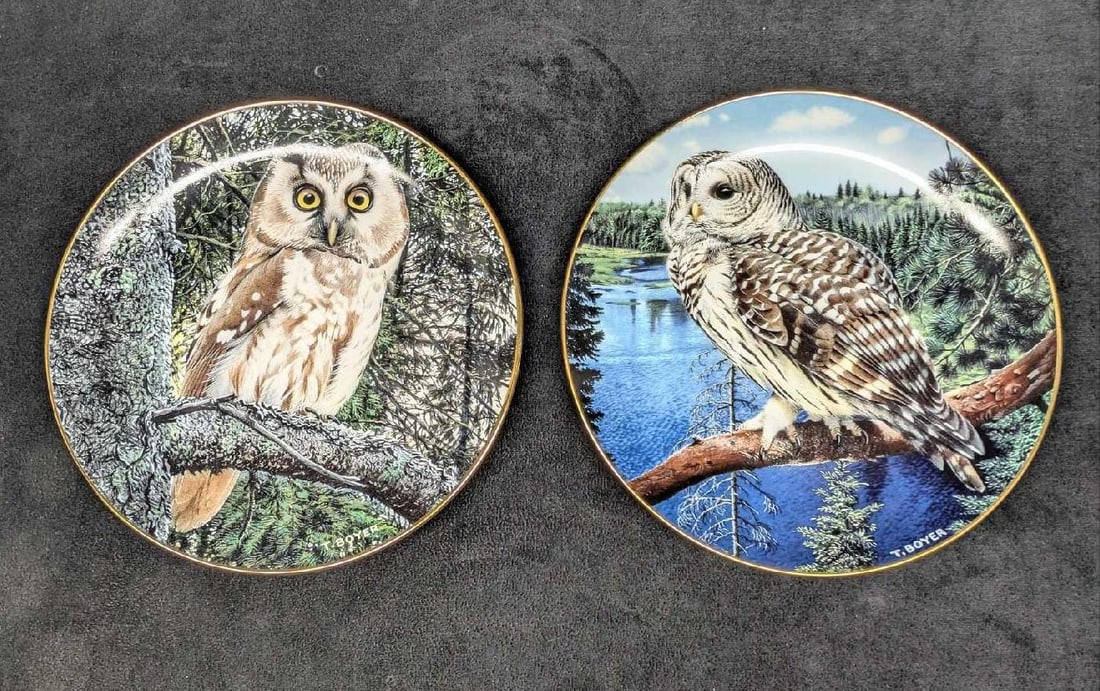 2 Majesty Of Owls Plates Night Watchman & On The Lookout: This lot includes: (1) Night Watchman - The Majesty Of Owls Plate. This was released in the year 1992. This is approx 8 1/8" x 8 1/8" x 3/4". (1) On The Lookout - The Majesty Of Owls