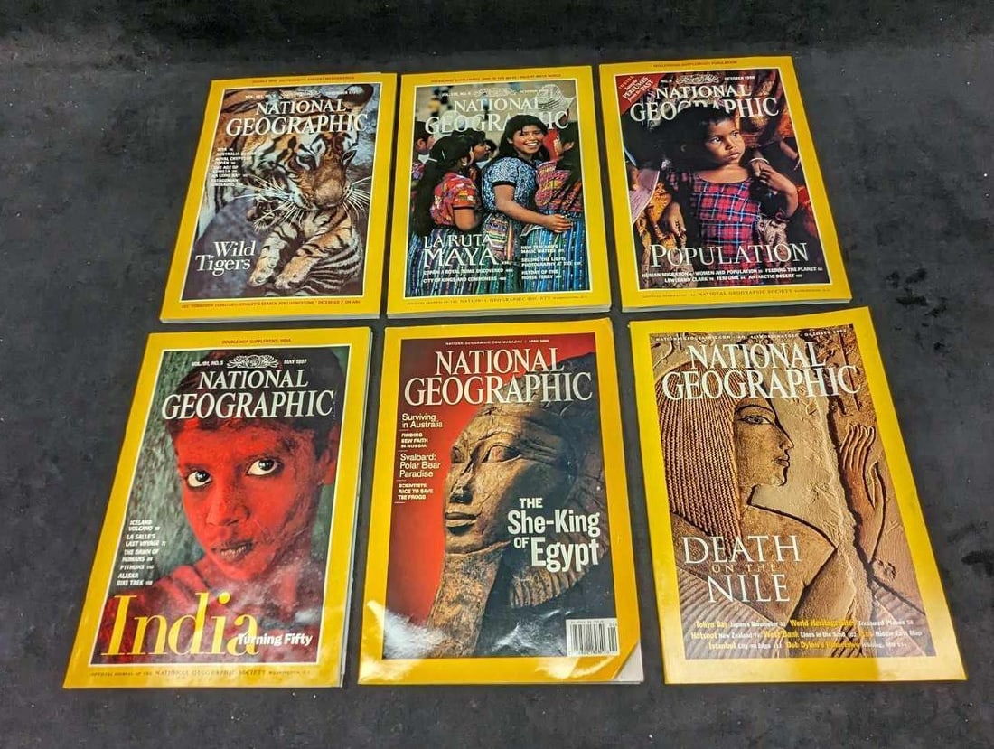 6 1980s 1990s 2000s National Geographic Magazines G: 6 1980s 1990s 2000s National Geographic Magazines F. This lot includes: (1) May 1997 - India Turning Fifty. (1) October 2002 - Death On The Nile. (1) April 2009 - The She-King Of Egypt. (1) December