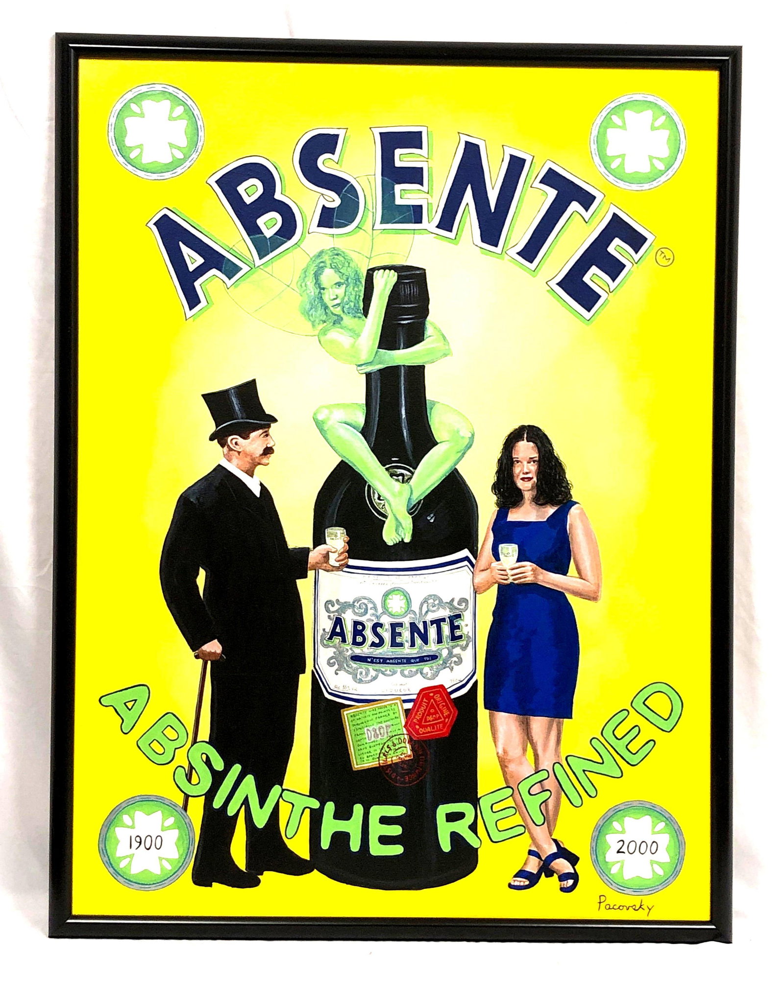 John Pacovsky & Absente / Absinthe - Commissioned, Signed, Framed - Acrylic on Canvas: Absente / Absinthe Marketing Ad - Painting Commissioned by Liquor Branding Executive. Signed and Framed Acrylic on Canvas by Artist John Pacovsky. The item measures approximately 38-1/2" x