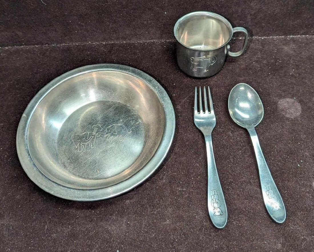 Vintage Denmark Stainless Steel Child's Cup Bowl Silverware Set: Vintage Denmark Stainless Steel Child's Cup Bowl Silverware Set. This lot includes: (1) Elephants Etched Stainless Steel Bowl. This is approx 6" x 6" x 1". The bowl has some scrat