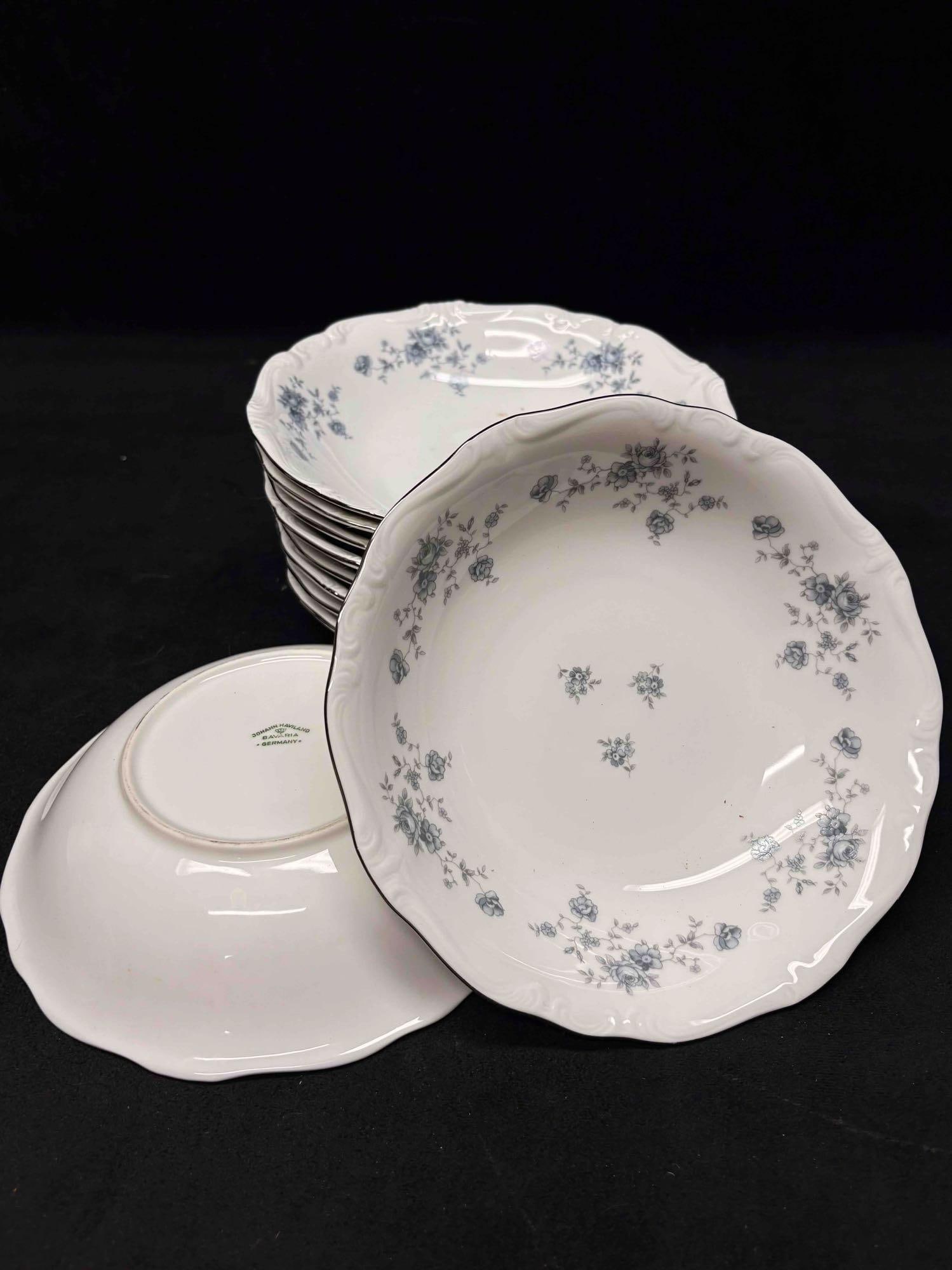 10pc Vintage Johann Haviland Blue Garland Coupe Soup Bowls Set: The porcelain coupe soup set features small blue Garland patterns that was commonly produced during the mid-1970s to early 1990s in Bavaria, Germany. The set is in good conditions with no