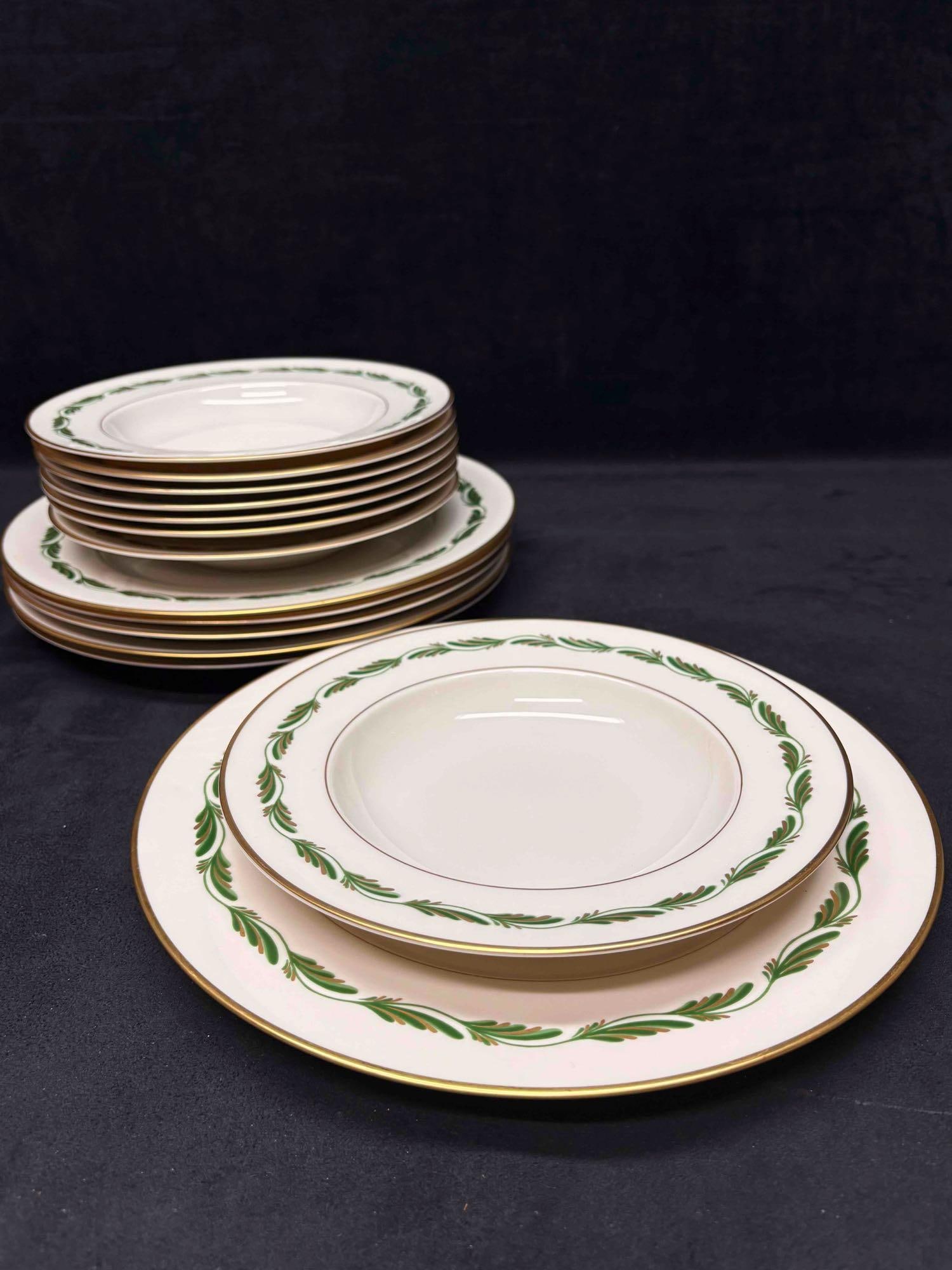 14pc Vintage Franciscan Arcadia Green Plumes Dinner Plates and Rim Soup Bowls: Adorned with green plumes and gold accents, this china tea set is a part of the now discontinued Arcadia Green line by Franciscan. Producing during the early 1940s to early 1960s, this lot is in good