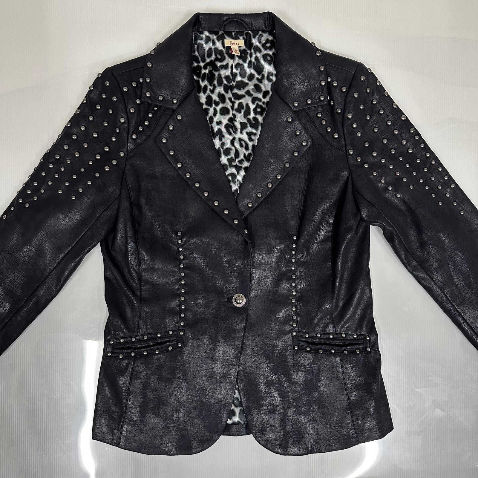Reba Black Faux Leather Studded Jacket with Leopard Print Lining Size Small (1 of 10)