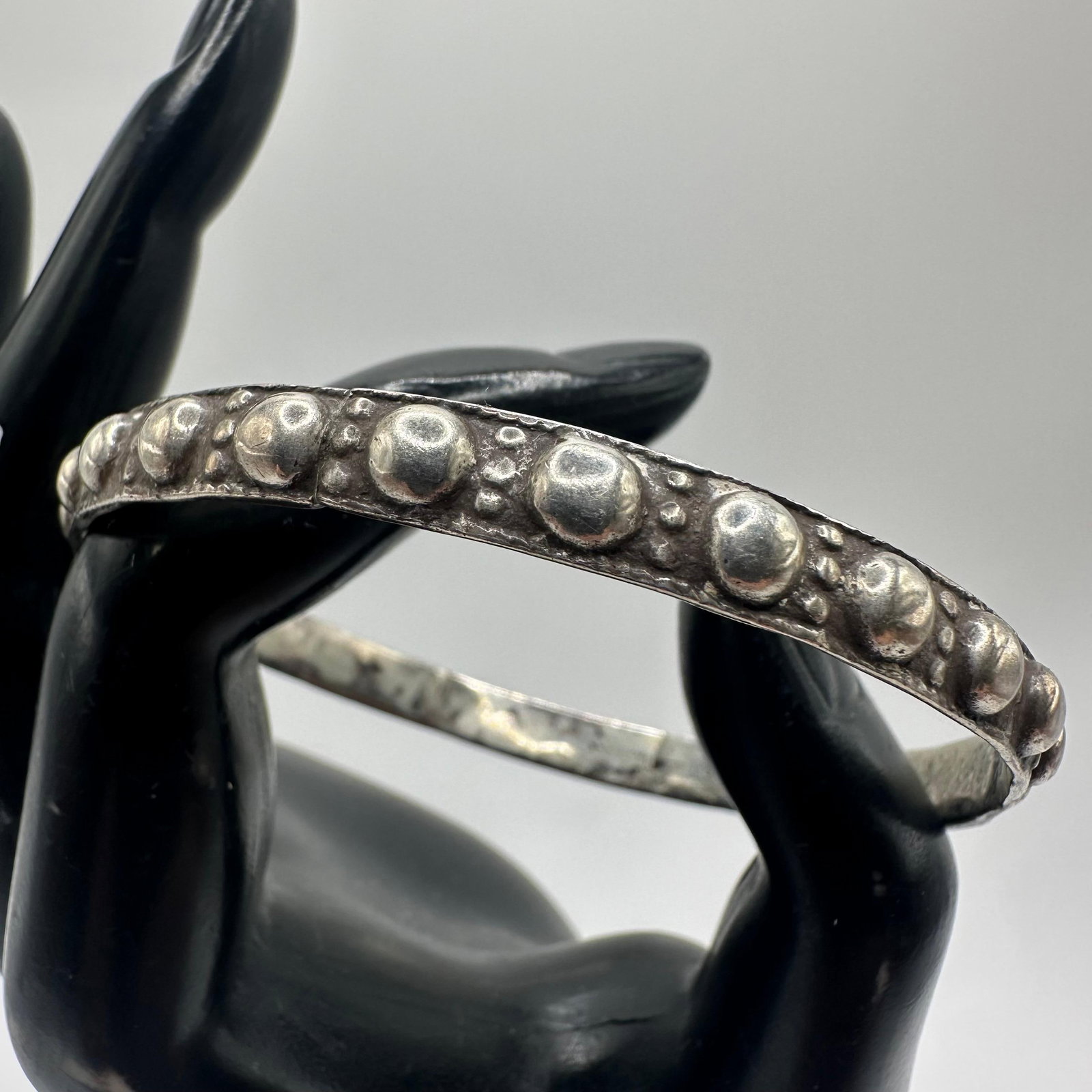 Silverwork Studded Bangle Cuff Bracelet Unmarked Silver Jewelry: This item is in good pre-owned, previously used/displayed condition with noticeable light wear and surface scratches. Please reference all photos for full details. This piece of jewelry has been teste