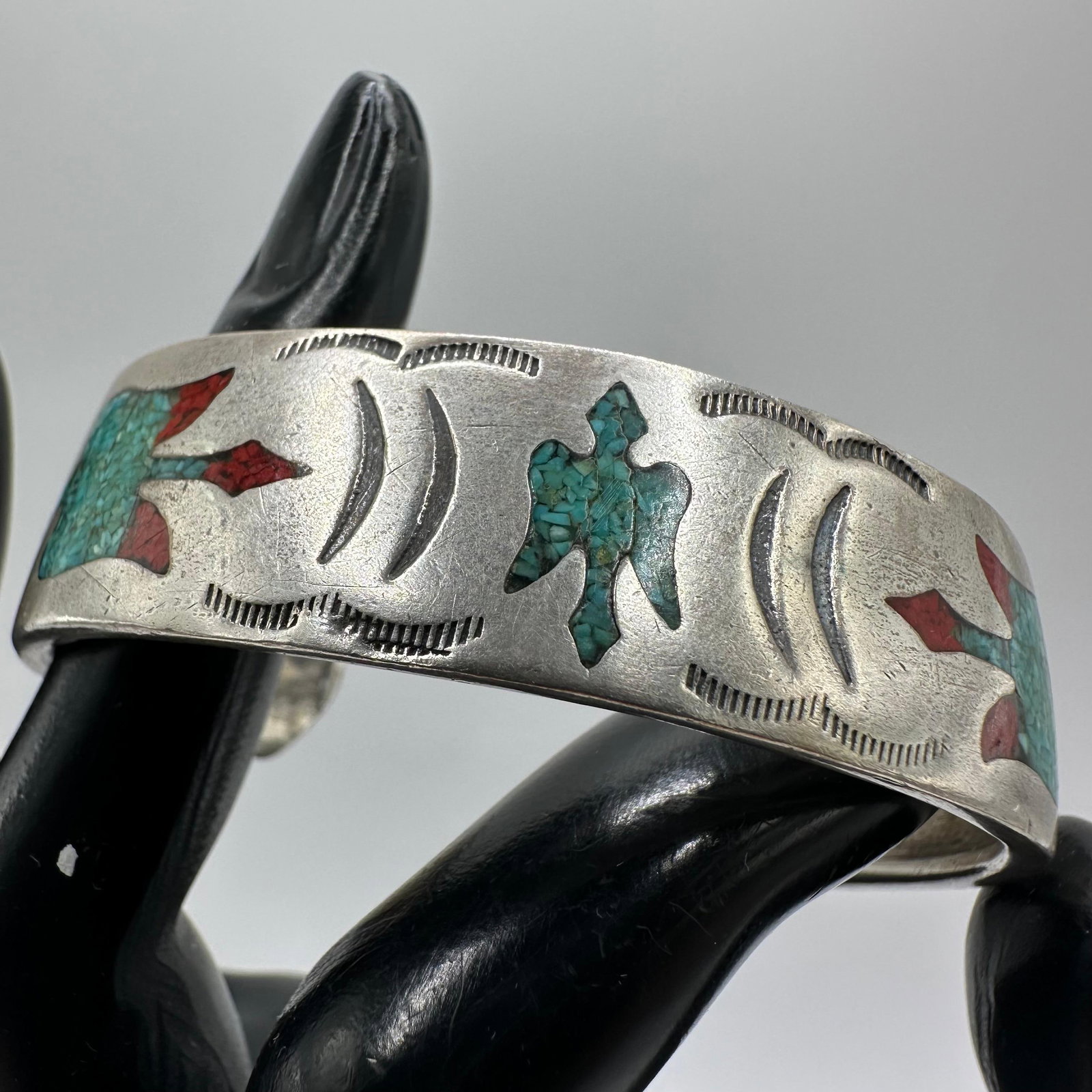 Thunderbird Navajo Turquoise Red Coral Composite Stone Chips Native Silver Cuff Bracelet: This item is in good pre-owned, previously used/displayed condition with noticeable light wear and surface scratches. Please reference all photos for full details. This piece of jewelry has been teste