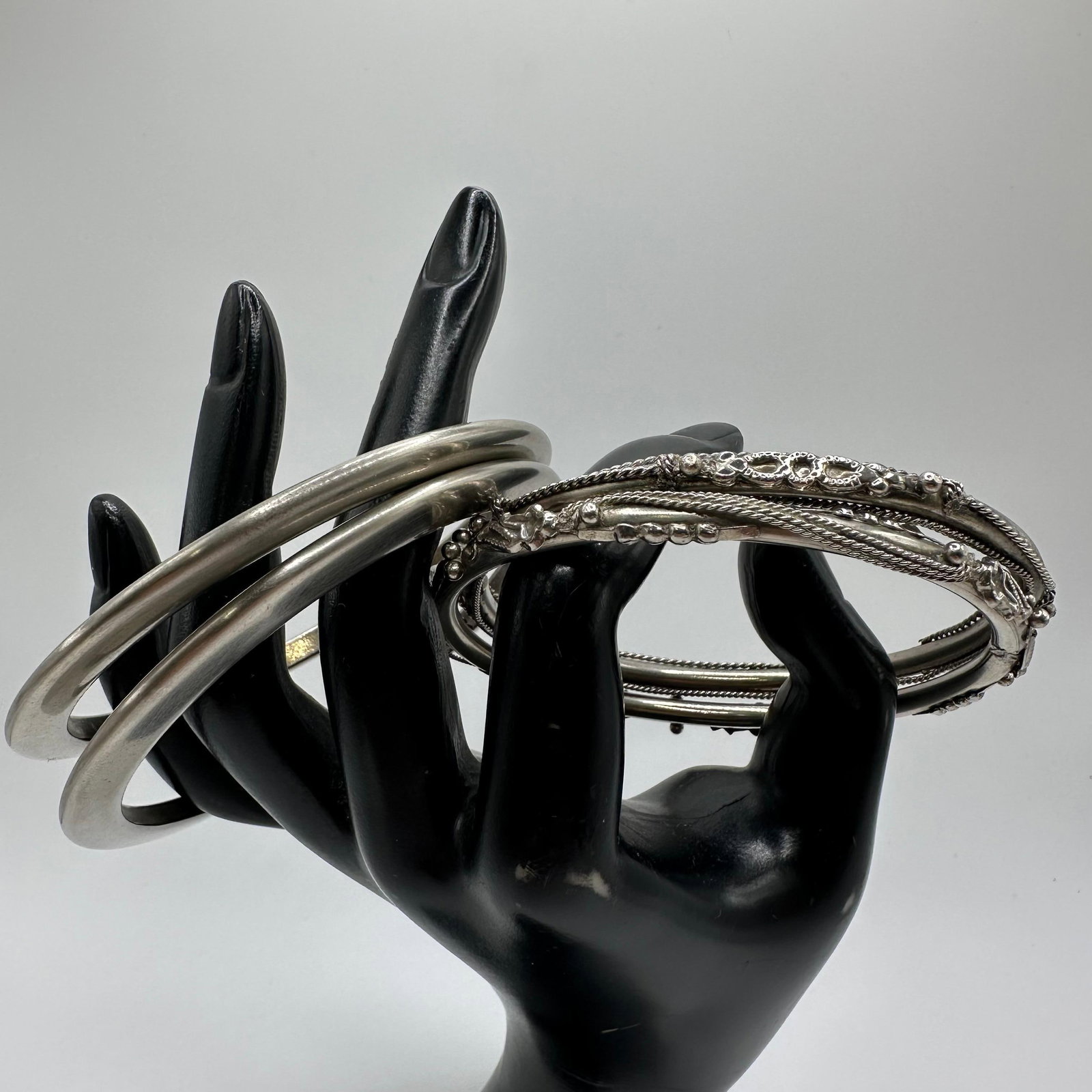 Silver Tone Bangle Bracelet Lot Including Ornate Filigree and Smooth Bangles (1 of 9)