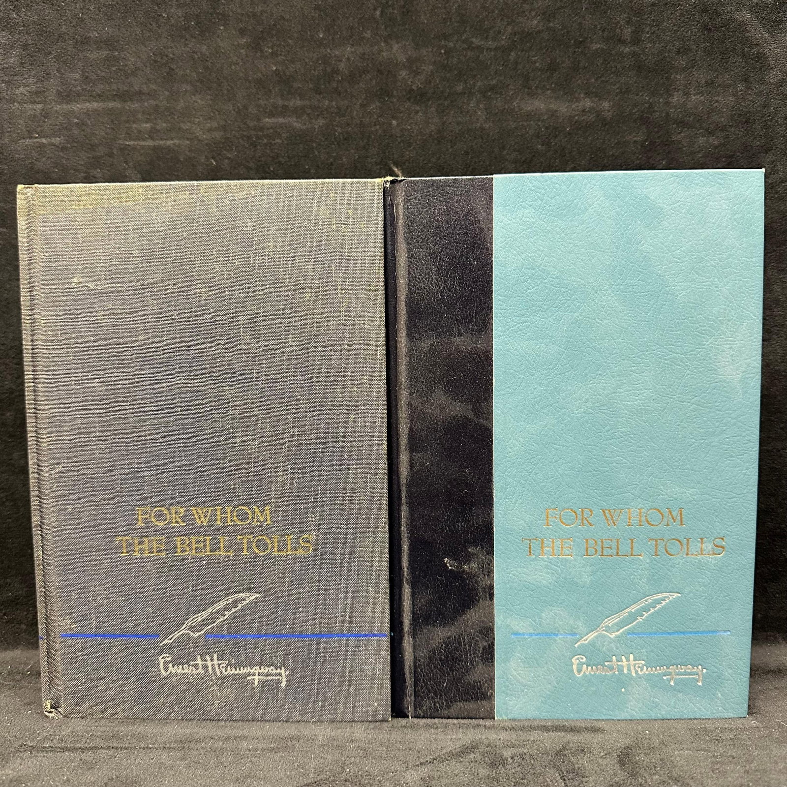 Ernest Hemingway For Whom the Bell Tolls Hardcover Book Set 1968: Two hardcover volumes of For Whom the Bell Tolls by Ernest Hemingway, published by Charles Scribner’s Sons. Matching set with visible shelf wear, edge wear, and aging to pages; bindings intact.