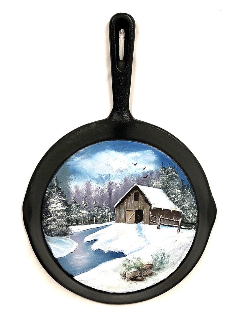 Hand Painted Cast Iron Skillet Winter Countryside: Hand Painted Cast Iron Skillet - Countryside Winter Landscape. It is approx 12-1/4" x 8-1/4" x 1-1/4" and weighs about 2.0lbs. Overall the Painted Cast Iron Skillet is in vintage condition with signs
