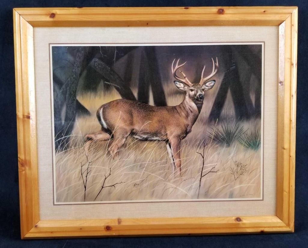 Framed Qua Nature Deer Print: This Deer print depicts a deer in a field looking out into the distance. The print has a clear resin coating over the art and frame. The frame is in great used condition with no known damages however 