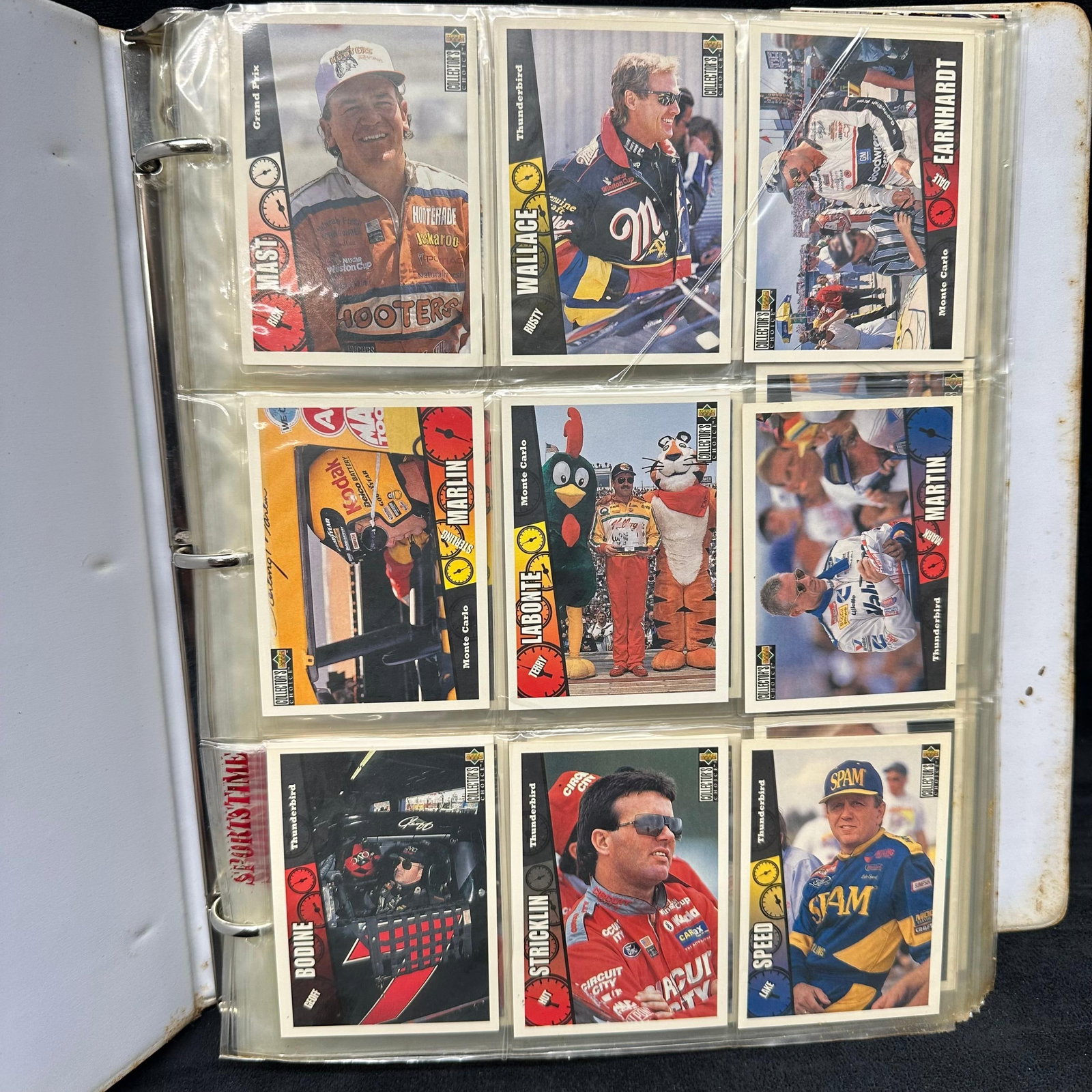 1990s NASCAR Trading Card Album Lot Upper Deck Maxx Speedway Challenge: Binder album containing a large assortment of 1990s NASCAR trading cards, primarily Upper Deck and Maxx issues. Includes driver cards, car cards, and “Speedway Challenge” insert/game cards
