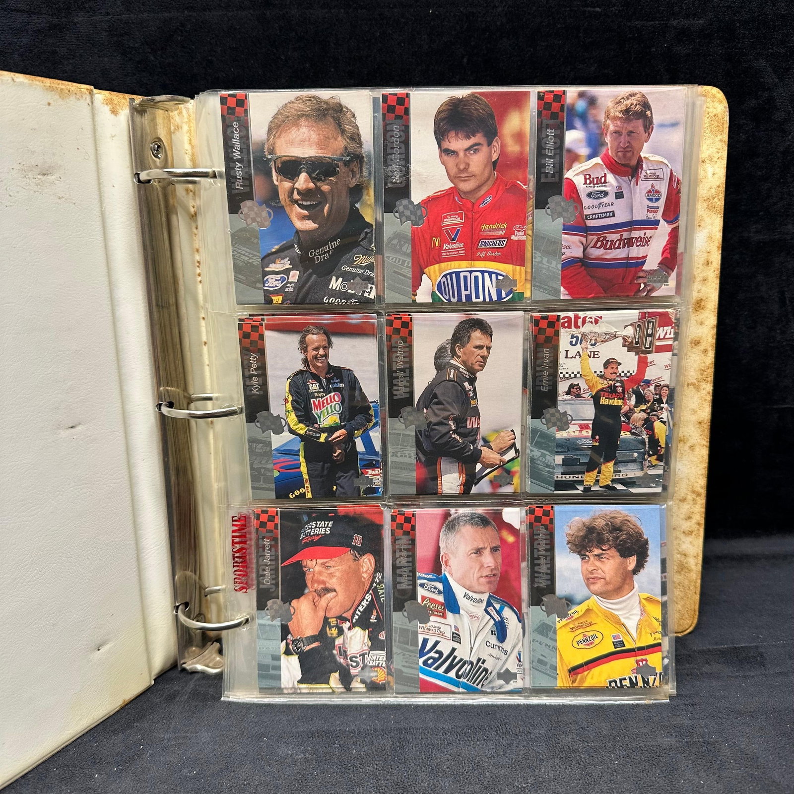 1990s Upper Deck NASCAR Trading Card Binder Lot with Duplicates and Inserts: Binder album containing a large group of 1995 Upper Deck NASCAR trading cards, including base cards, inserts, and “Next Line” and checklist cards. The collection features notable drivers s