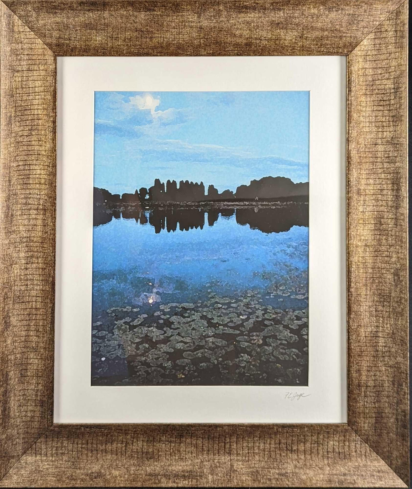 Framed Frank Juge Moonglow On The Rhone River Photo: Framed Frank Juge "Moonglow On The Rhone River " Photo. This is signed by the artist on the bottom right. The framed photo is approx 21 1/2" x 1" x 25 1/2" and it weighs 4.5lbs. The photo/image is app
