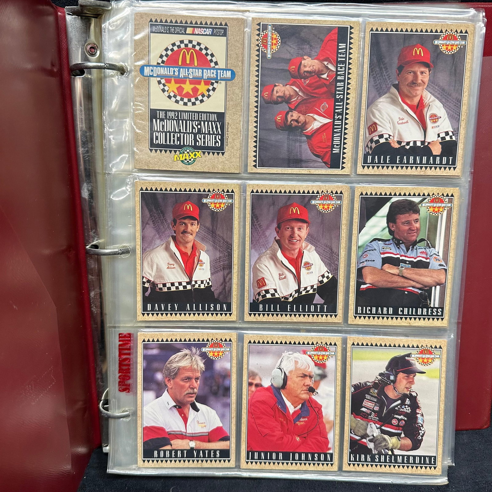 1990s Maxx NASCAR McDonalds and Texaco Havoline Sport Card Collection Binder: Extensive 1992 Maxx NASCAR trading card collection housed in binder pages. Includes McDonald’s All-Star Race Team subset (featuring Dale Earnhardt, Davey Allison, Bill Elliott, Richard Childress