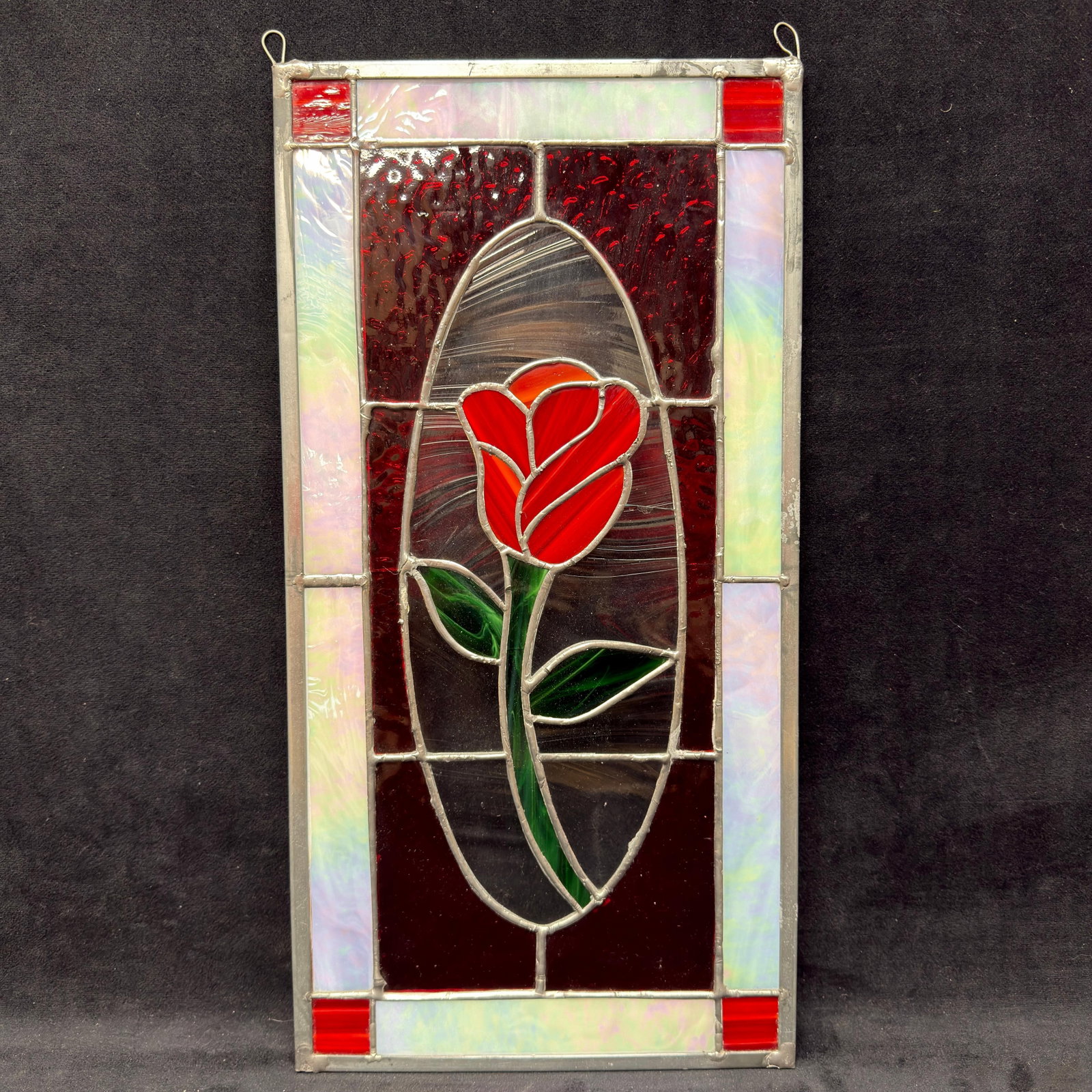 Handcrafted Stained Glass Panel with Red Tulip Floral Design Iridescent Border (1 of 5)