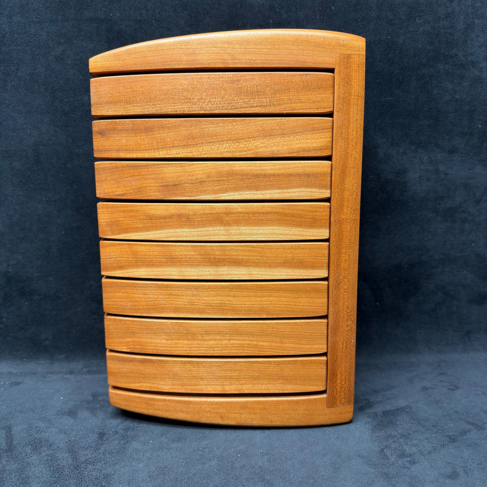 Kellan American Studio Wood Stacking Storage Jewelry Trinket Swing Drawer Box: Handcrafted Kellan American Studio wooden jewelry chest featuring a sculptural modern design with eight graduated swing-out trays lined in gray felt. Constructed with a warm hardwood finish. Signed &#