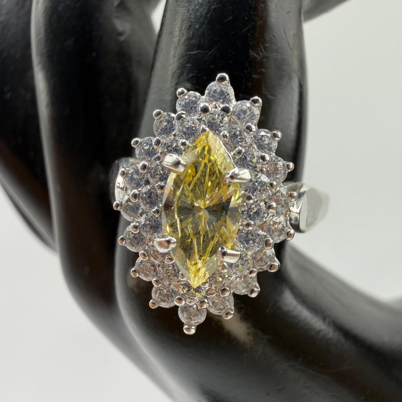 Marquise Cut Double Halo Style Citrine Encrusted CZ 925 Sterling Ring: This item is in pre-owned, previously used/displayed condition with noticeable light wear and surface scratches. Please reference all photos for full details. This piece of jewelry has been tested