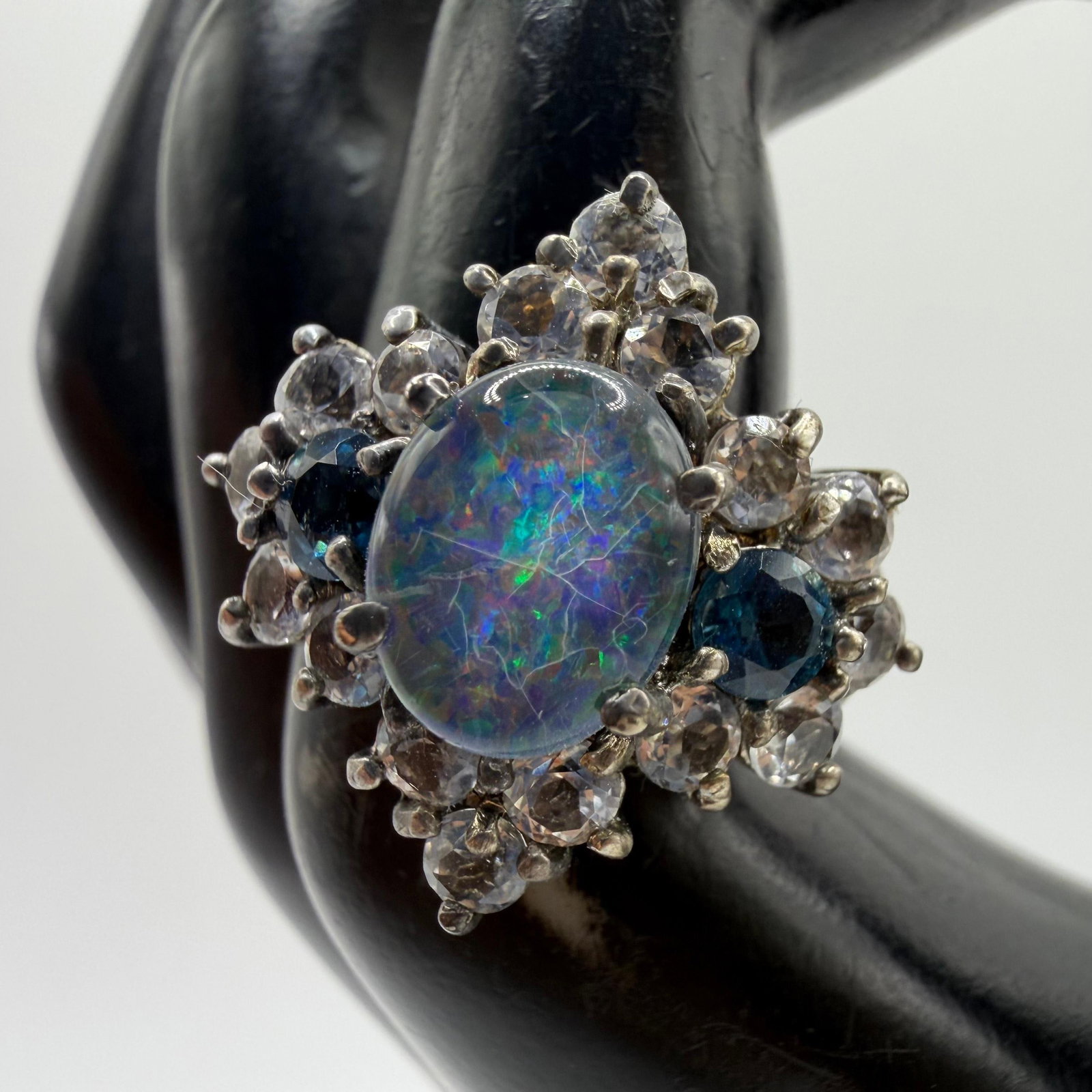 Doublet Opal Blue and White Sapphires Sterling Silver Ring - 2