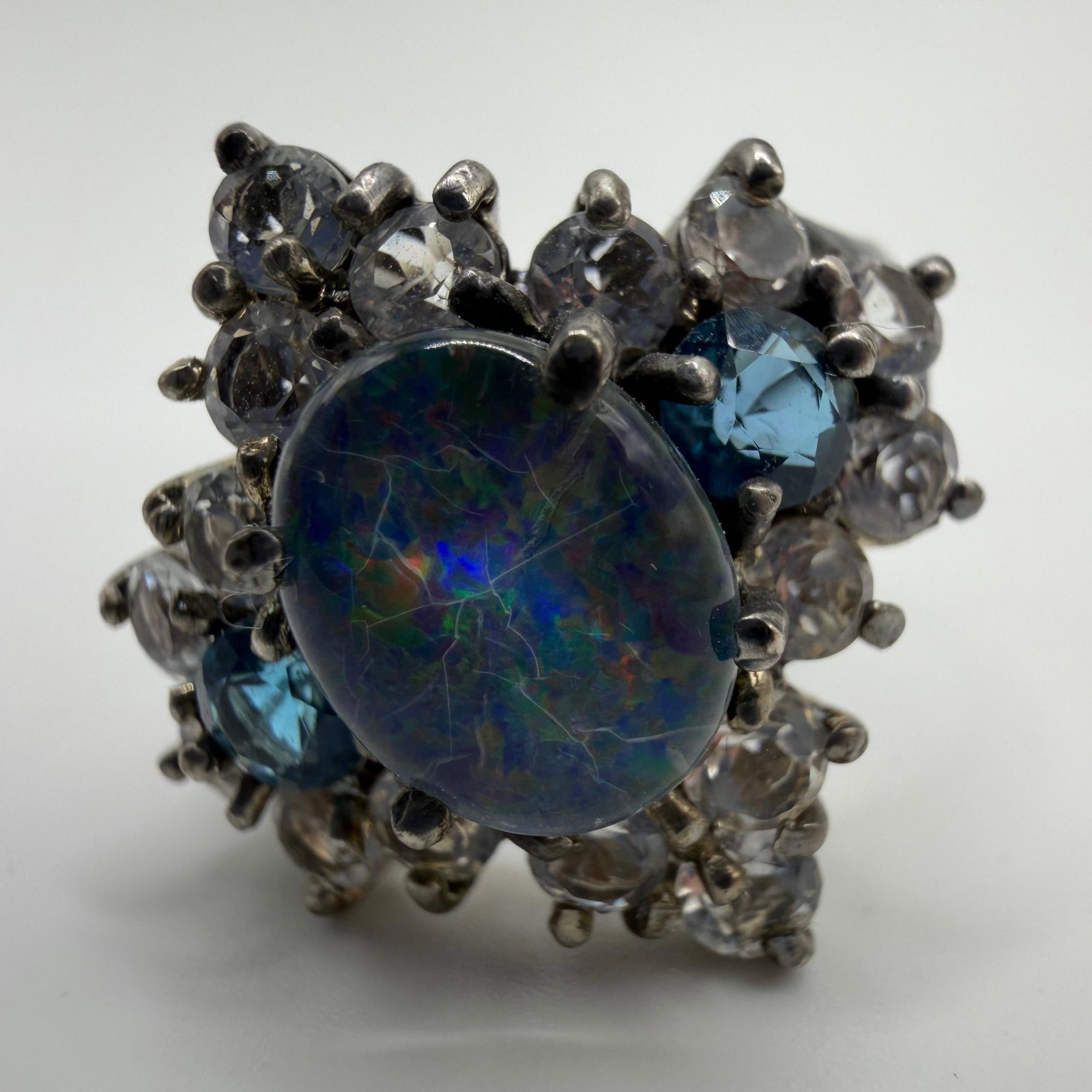 Doublet Opal Blue and White Sapphires Sterling Silver Ring - 5