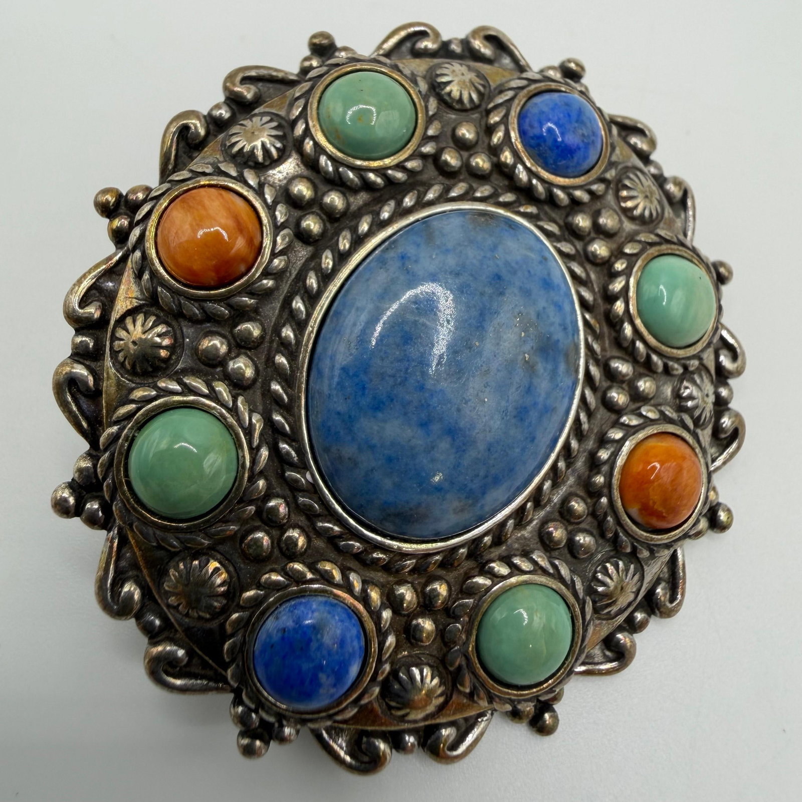 Carolyn Pollack Relios Sterling Silver Brooch Turquoise Coral Center Blue Oval Lapis: This item is in pre-owned, previously used/displayed condition with noticeable light wear and surface scratches. Please reference all photos for full details. This piece of jewelry has been tested