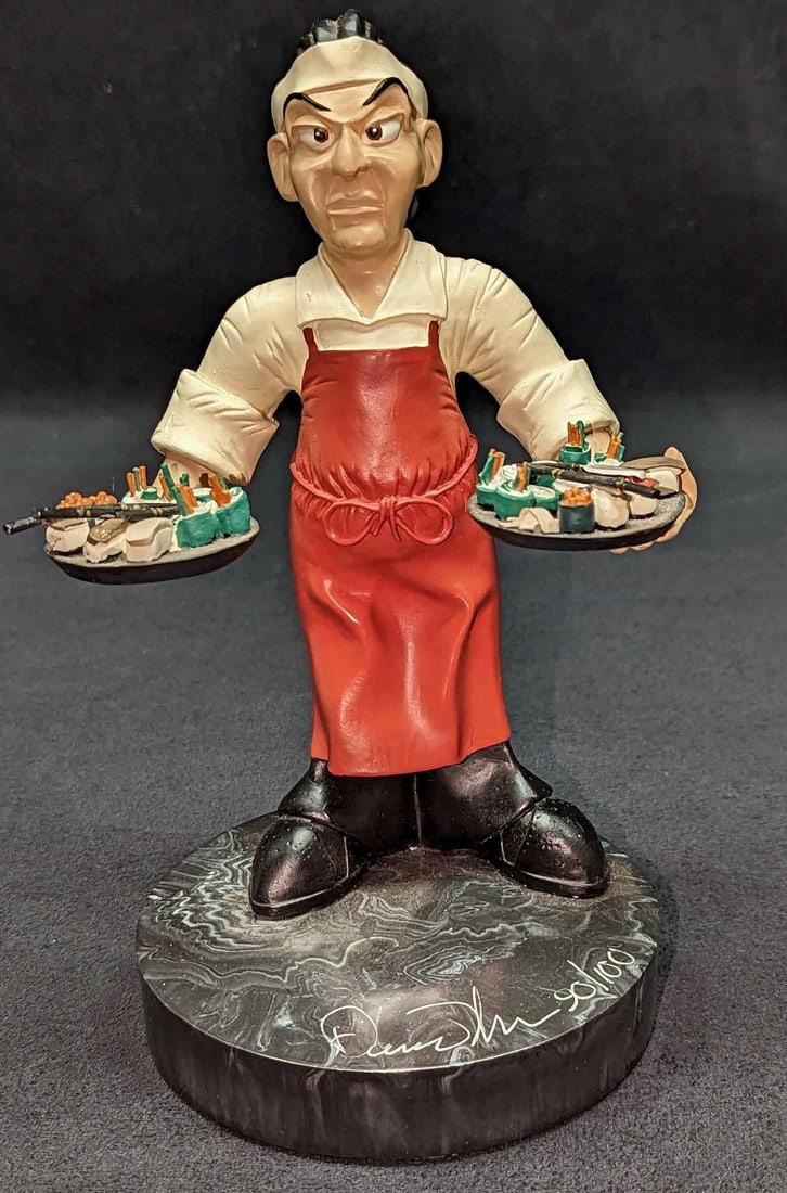 S&N Resin Sushi Chef Figurine: S&N Resin Sushi Chef Figurine. This one is #90 out of #100. Along with the number, it is signed by the artist on the right side of the base. We could not make out the signature. The figurine is approx