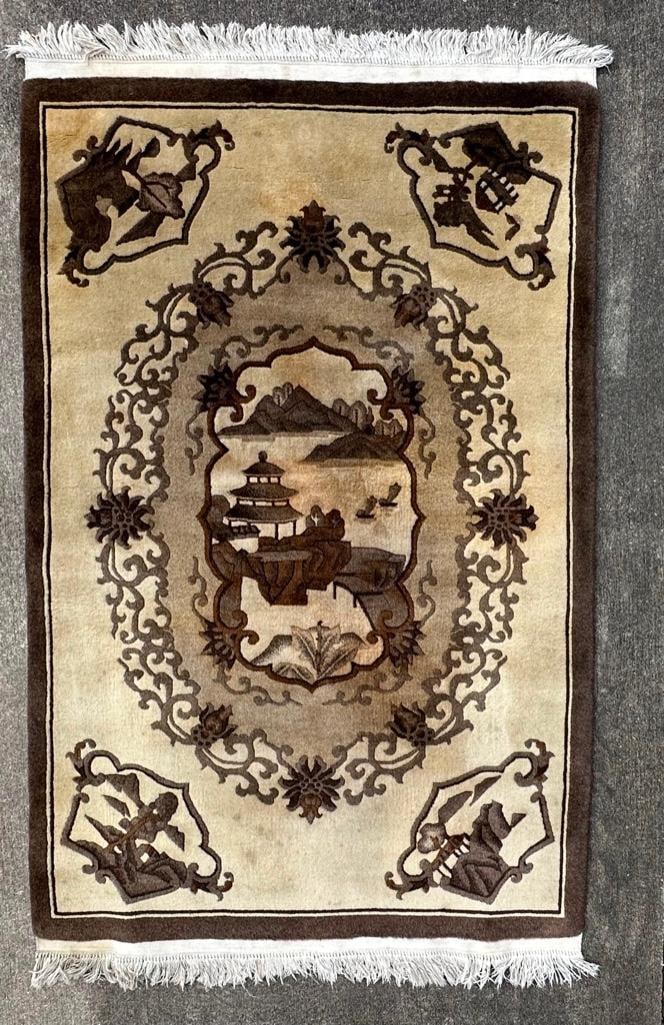 4'x6' Oriental Rug With Building & Mountains: 4'x6' Oriental Rug With Building & Mountains Vintage oriental rug with building and mountain scene in tan and brown. In used condition with some wear and stains. Approximate size: 4' x