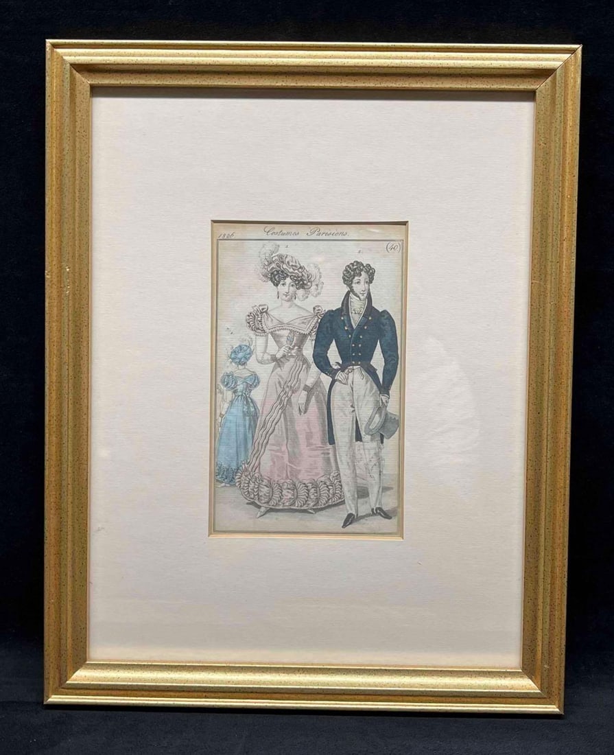Framed Print Costumes Parisions 1826 (40): This lot contains a Framed Print Costumes Parisions 1826 (40). It is approx 14 1/4" x 11 /14". Total weight is approx 1.8lbs. Overall the print is in good used condition as it is protected by glass.