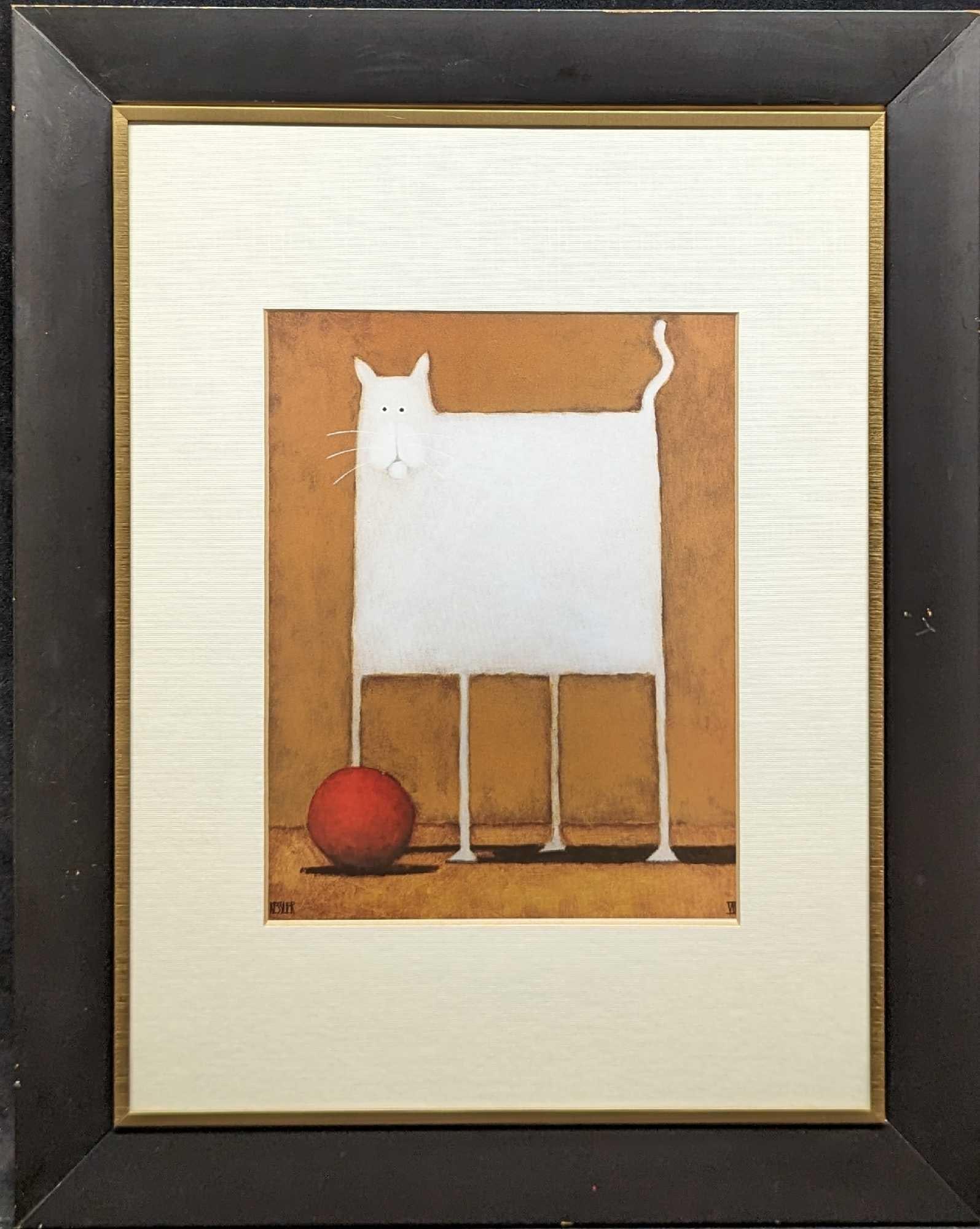 Framed Daniel Patrick Kessler White Cat With Red Ball: Framed Daniel Patrick Kessler White Cat With Red Ball. This framed print is approx 15 1/4" x 1" x 19 1/2" and it weighs 3.26 lbs. The print/visible image is approx 7 1/2" x 9 1/2". The frame has some