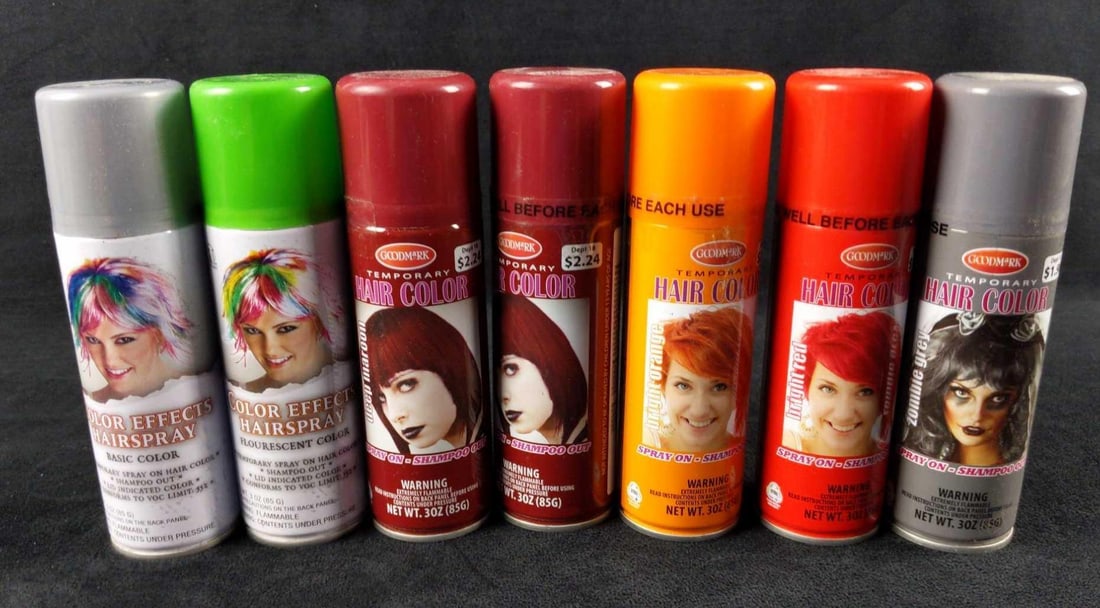 7 Goodmark Seasonal Visions Hairspray Temp Color C: This lot includes: (1) Green Color Effects Fluorescent Hair Spray. 3oz. By Seasonal Visions. (2) Dark Red. Goodmark. Spray-On Shampoo Off Temporary Color. 3oz. (1) Gray Color Effects Fluorescent