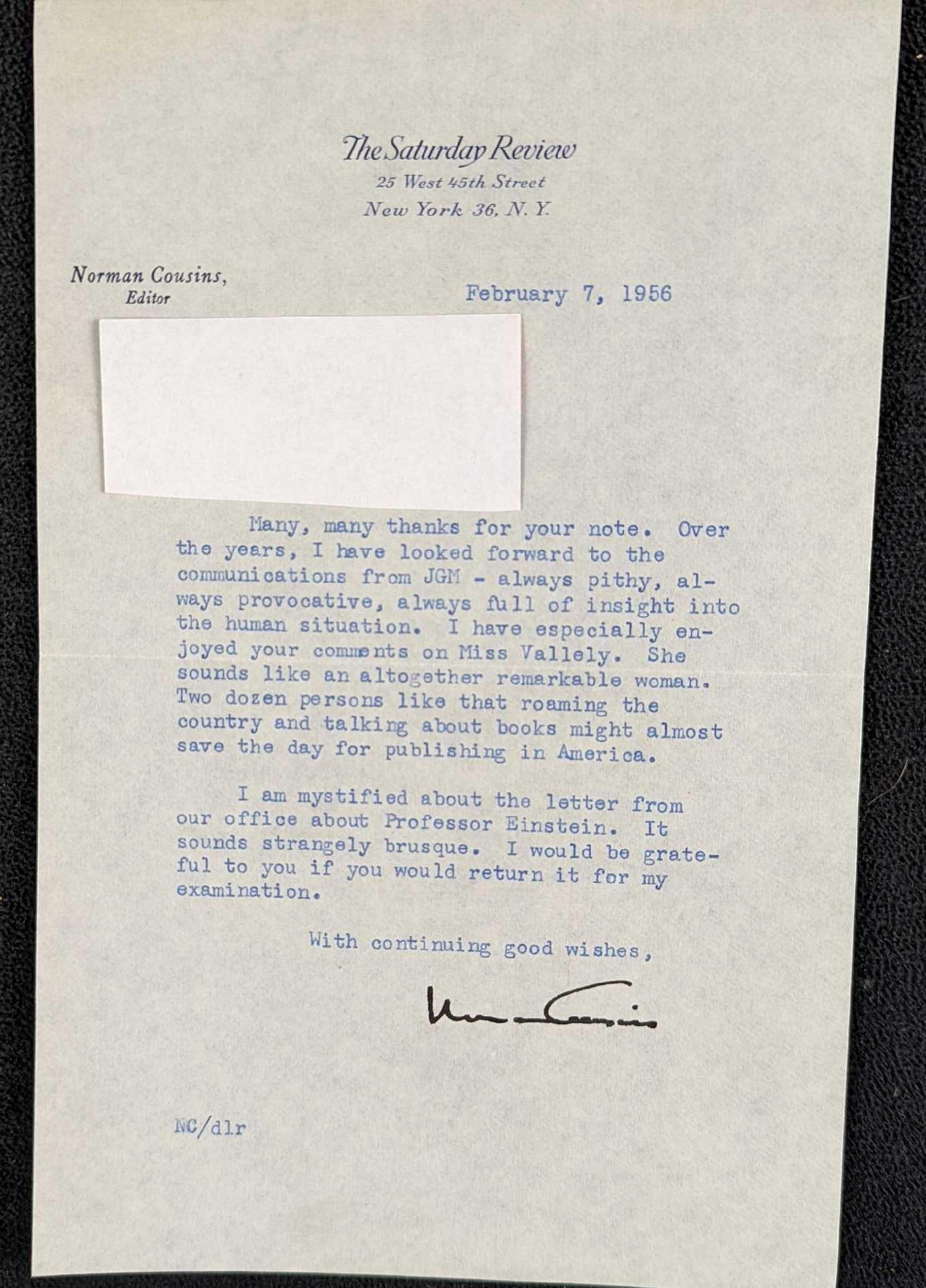 Signed Norman Cousins Saturday Review Letter: Signed Norman Cousins Saturday Review Letter. This was sent in 1956. The letter is approx 5 1/2" x 8 1/2" and it weighs 0.01lb. The letter has some creases due to being placed in an envelope.