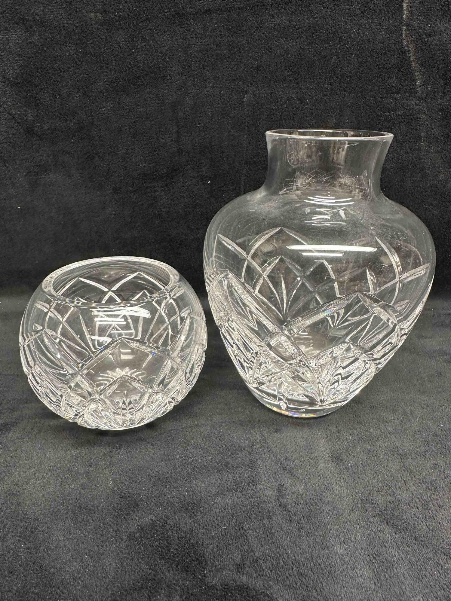 Atlantis Glass Crystal Vase Set Small Flower Vases Geometric Etched Design: Minor chip or crack in the glass on the rim of the small round vase. Marked Atlantis on the bottom of each vase. These items are in good pre-owned, previously displayed condition with light wear, and 